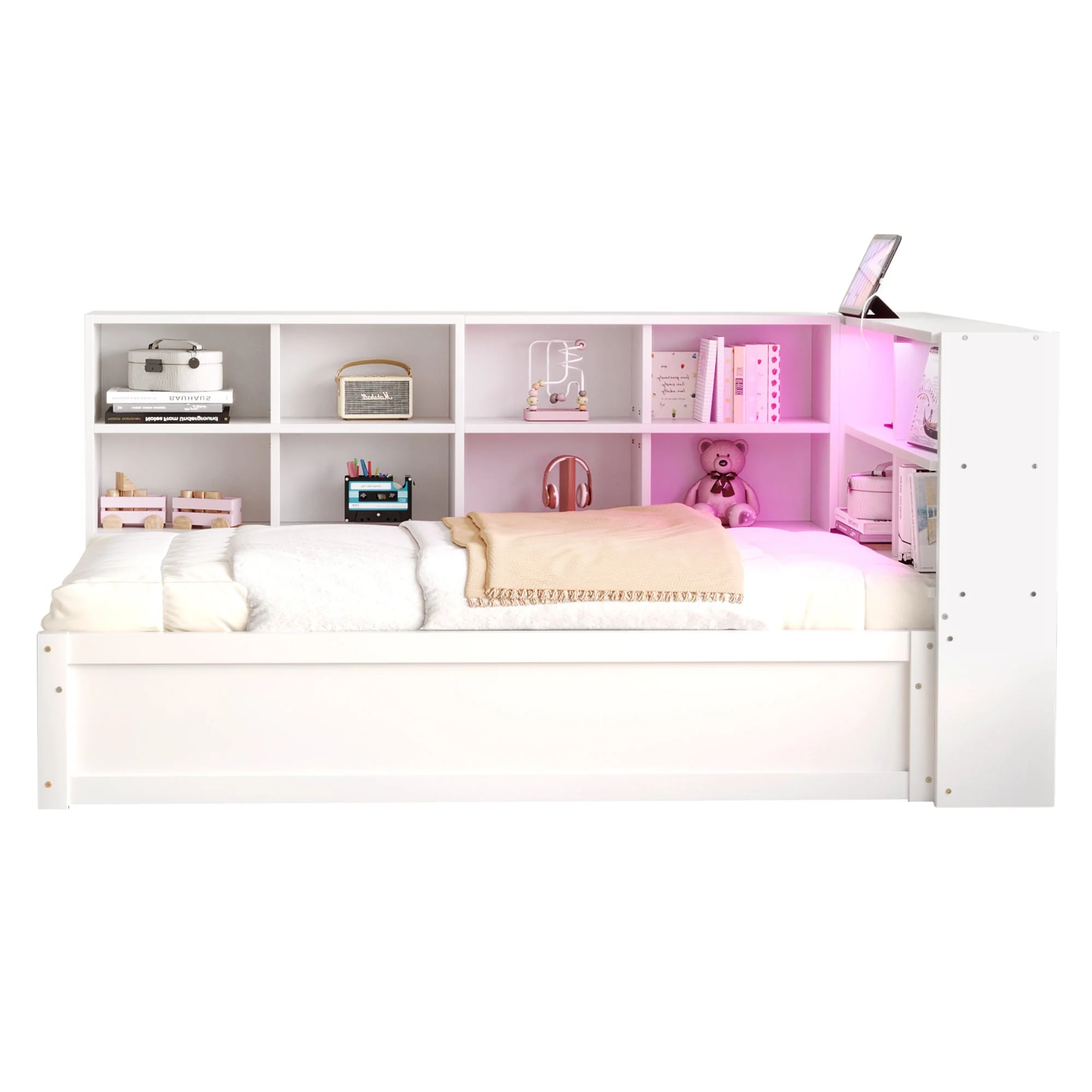 Sofa Bed, 90x200 Multifunctional with Sockets, Storage, Light Bar, Hydraulic, Solid Wood, White - Image 9