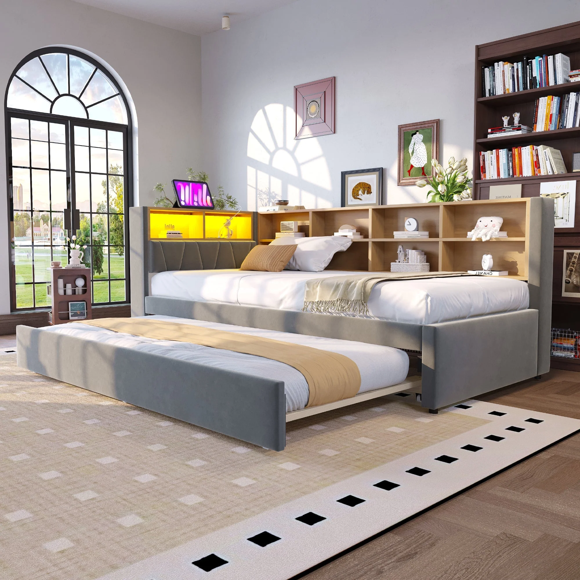 Sofa Bed 90x200 Pull-out LED Storage Flannel Dark Grey - Image 2