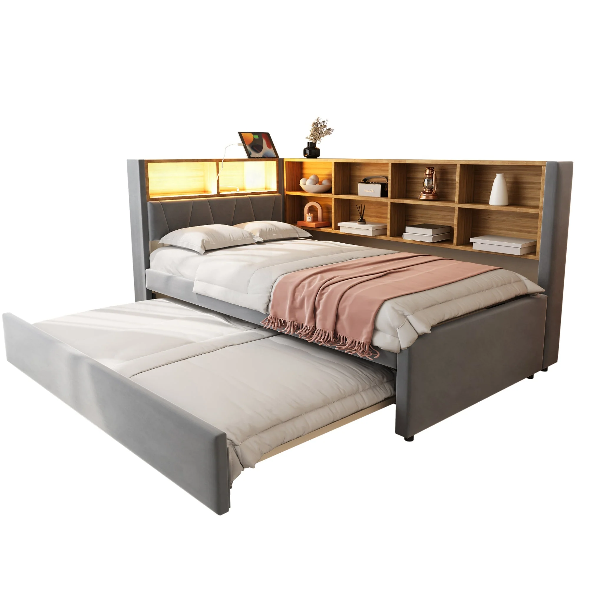 Sofa Bed 90x200 Pull-out LED Storage Flannel Dark Grey - Image 6