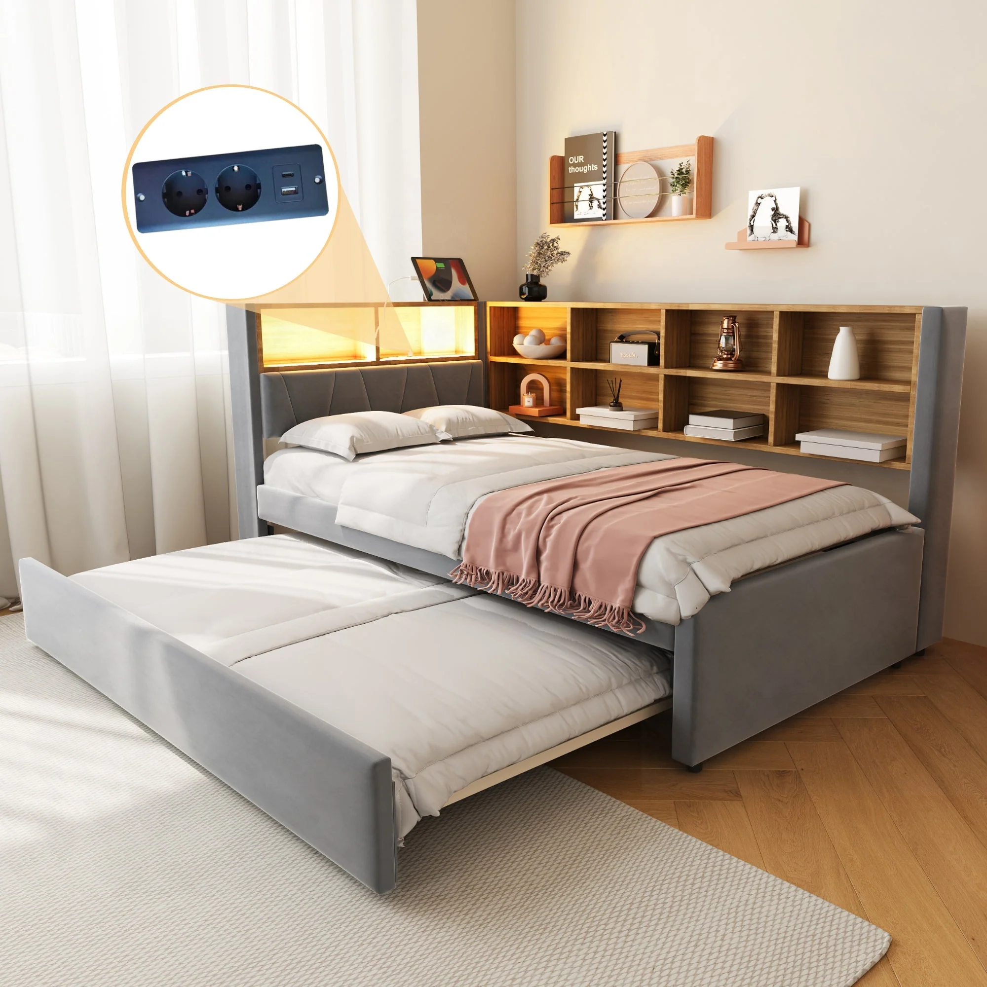 Sofa Bed 90x200 Pull-out LED Storage Flannel Dark Grey - Image 8