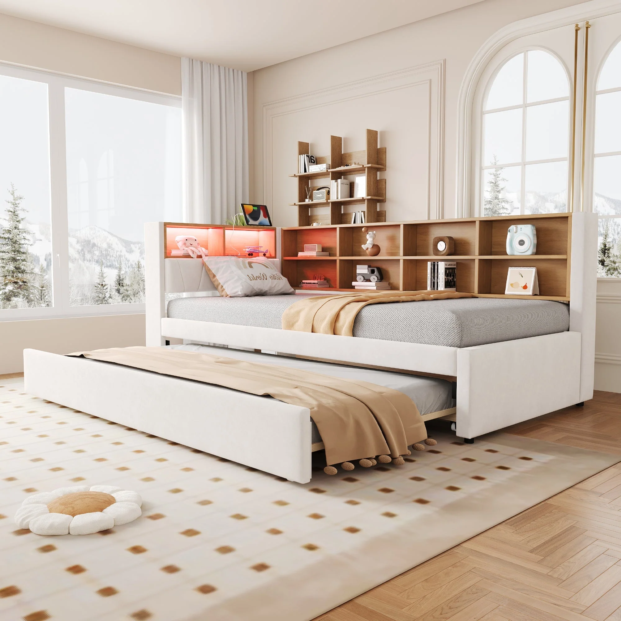 Sofa Bed 90x200 Pull-Out LED Storage Multifunctional Flannel Beige - Image 2