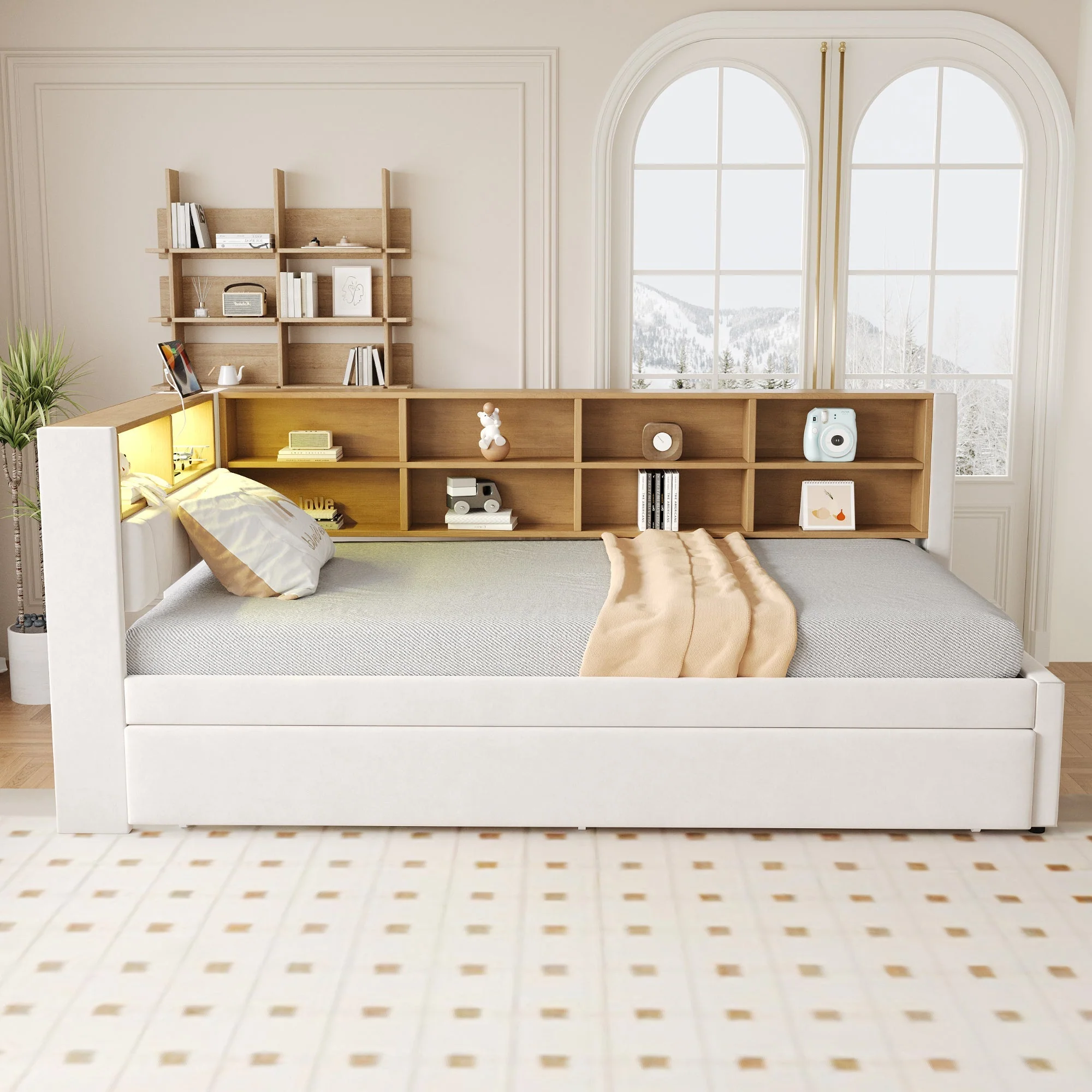 Sofa Bed 90x200 Pull-Out LED Storage Multifunctional Flannel Beige - Image 3