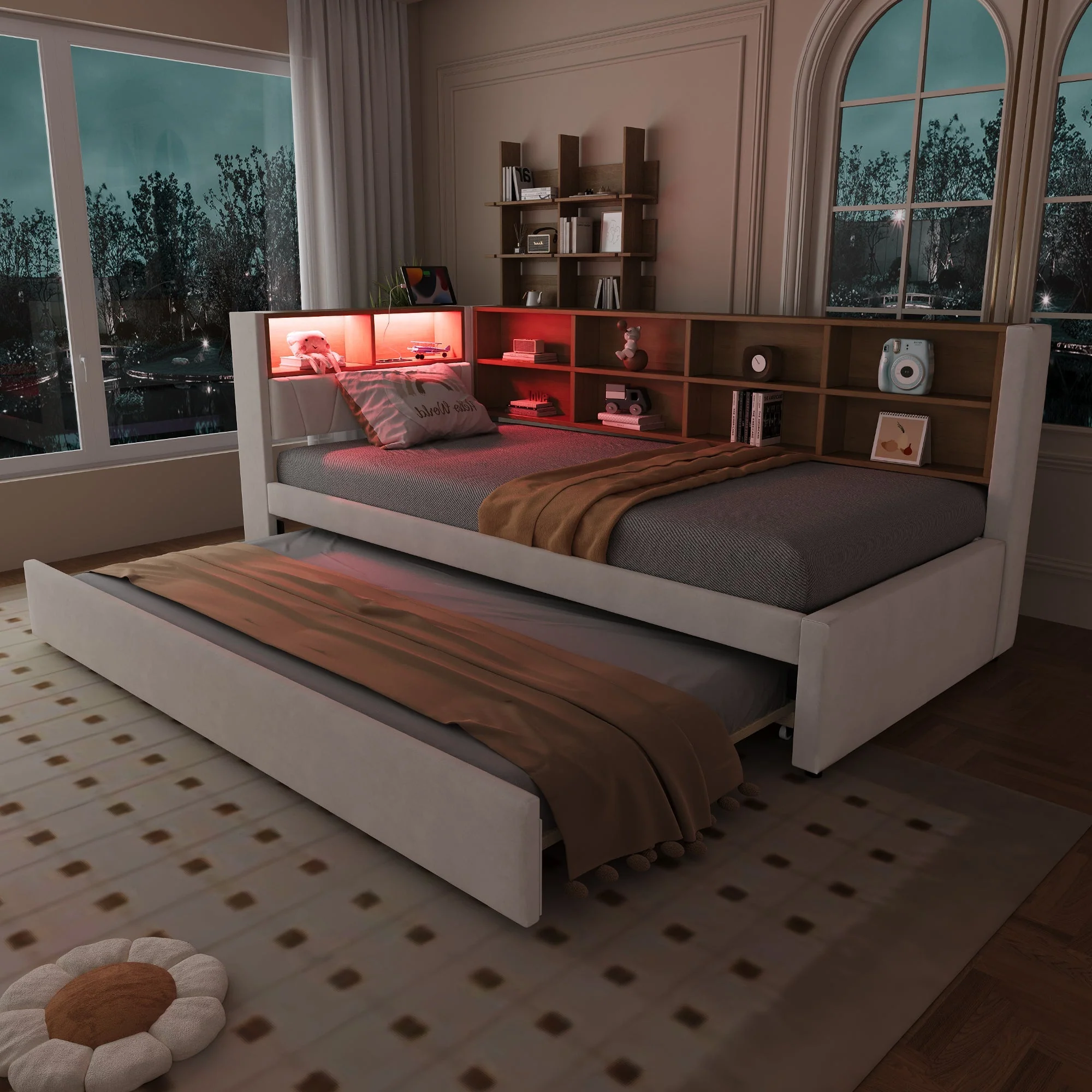 Sofa Bed 90x200 Pull-Out LED Storage Multifunctional Flannel Beige - Image 4