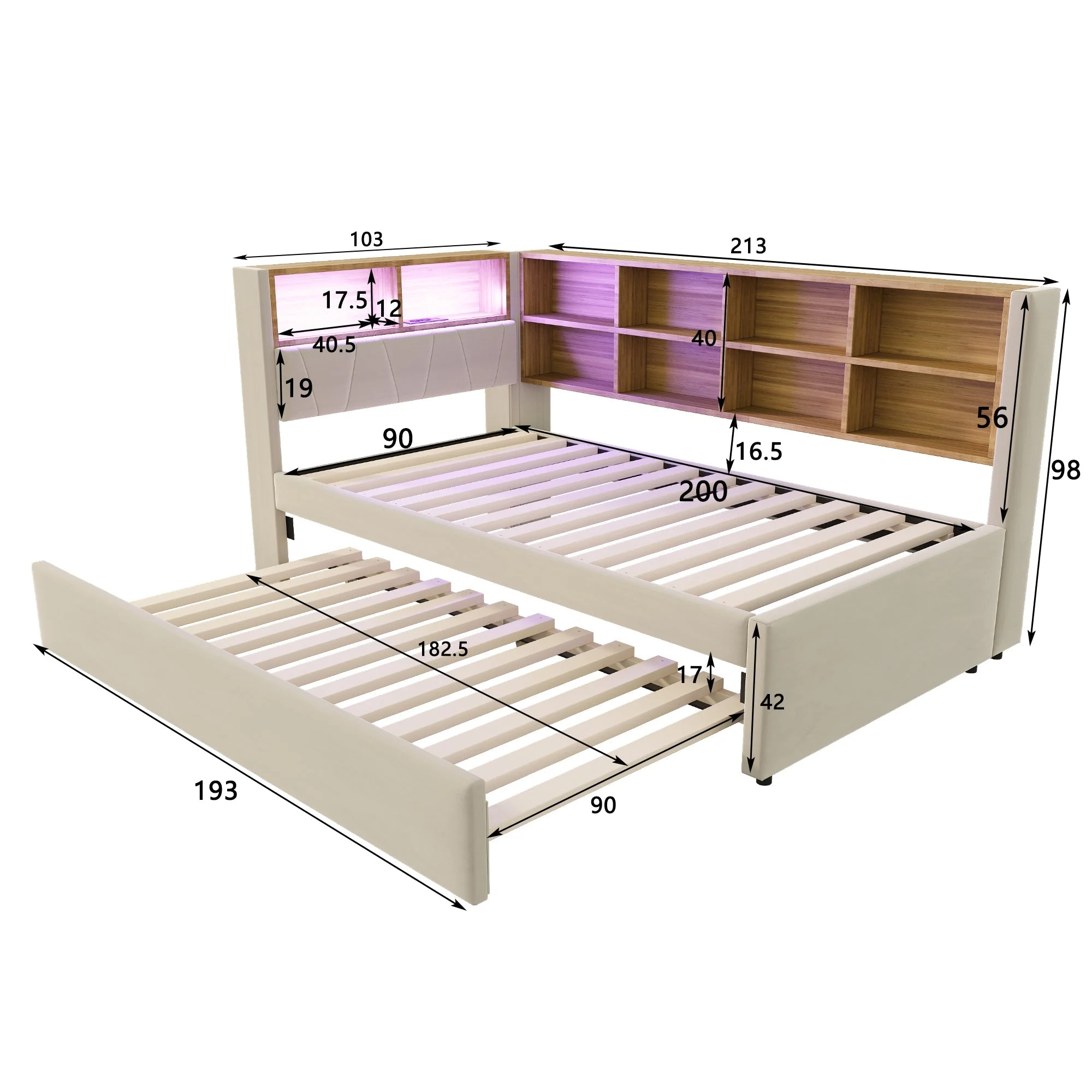 Sofa Bed 90x200 Pull-Out LED Storage Multifunctional Flannel Beige - Image 5