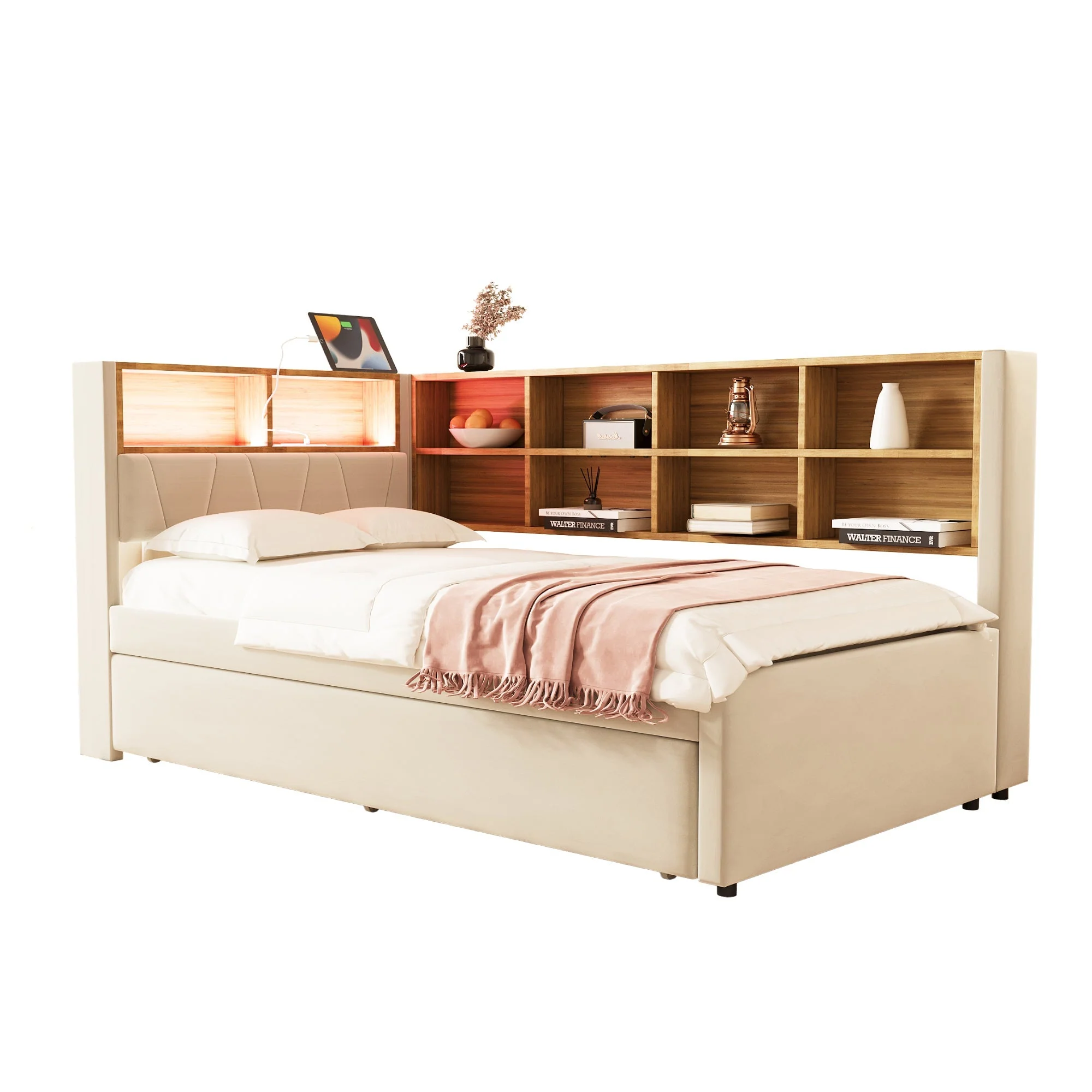 Sofa Bed 90x200 Pull-Out LED Storage Multifunctional Flannel Beige - Image 6