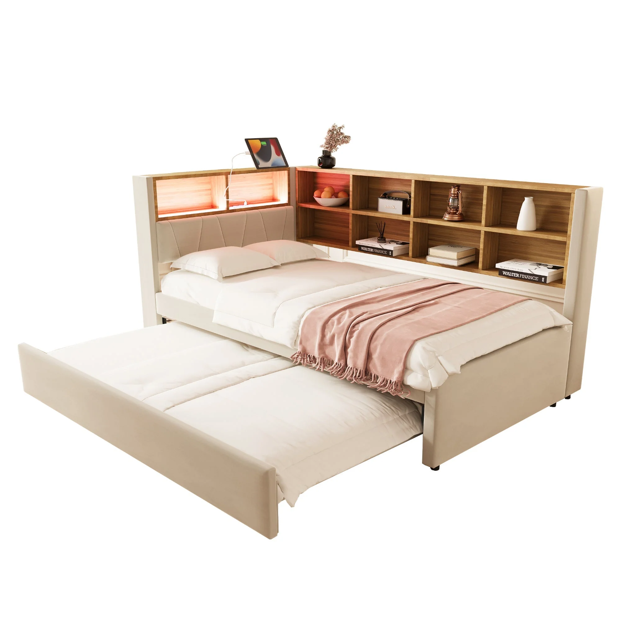 Sofa Bed 90x200 Pull-Out LED Storage Multifunctional Flannel Beige - Image 7