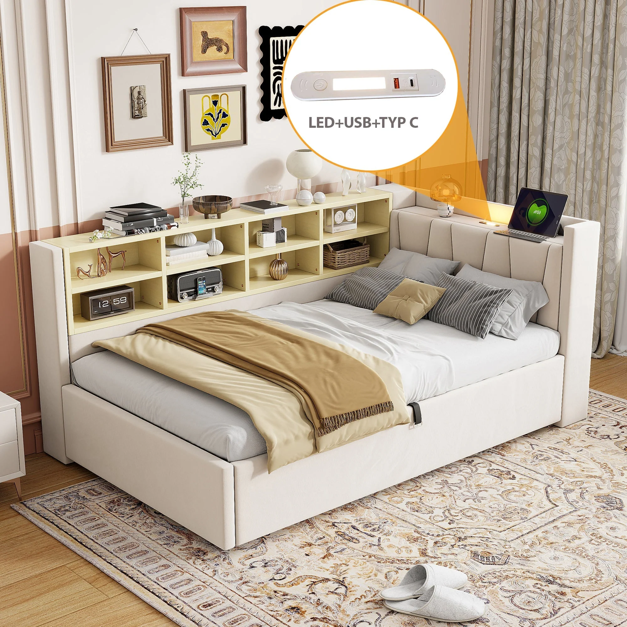 Sofa Bed, 90x200cm, Hydraulic Storage, Night Light, USB/Type-C, Velvet Beige - Image 4
