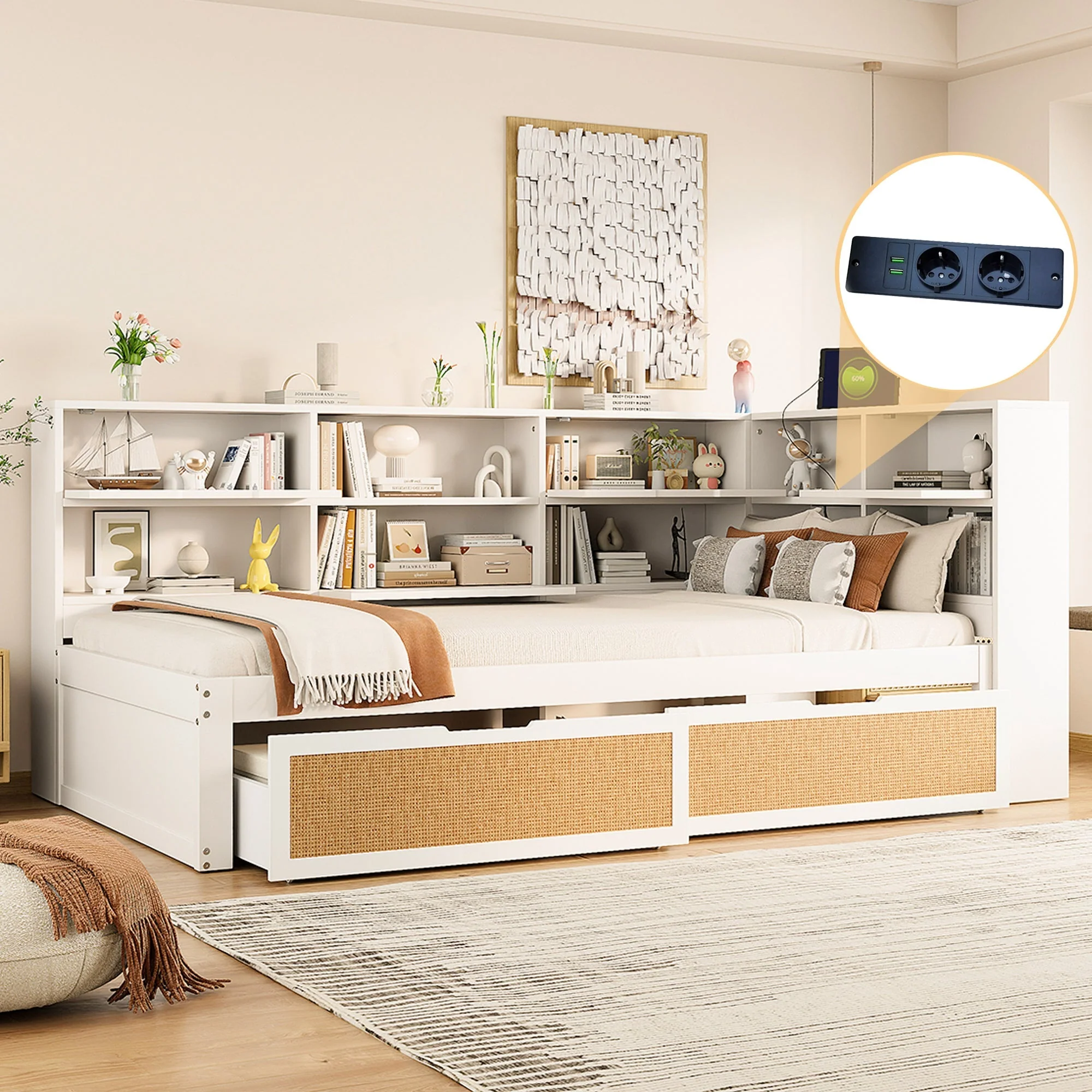 Sofa Bed, 90x200cm Multifunctional Single Bed with Drawer & Charging Port, White Solid Wood - Image 2