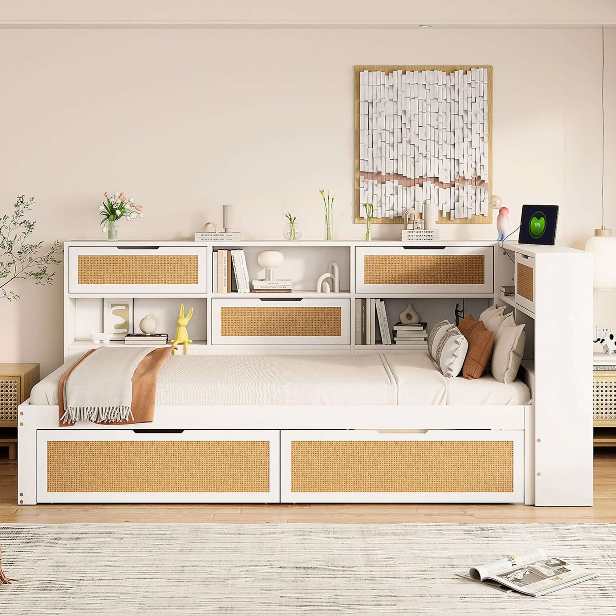 Sofa Bed, 90x200cm Multifunctional Single Bed with Drawer & Charging Port, White Solid Wood - Image 3