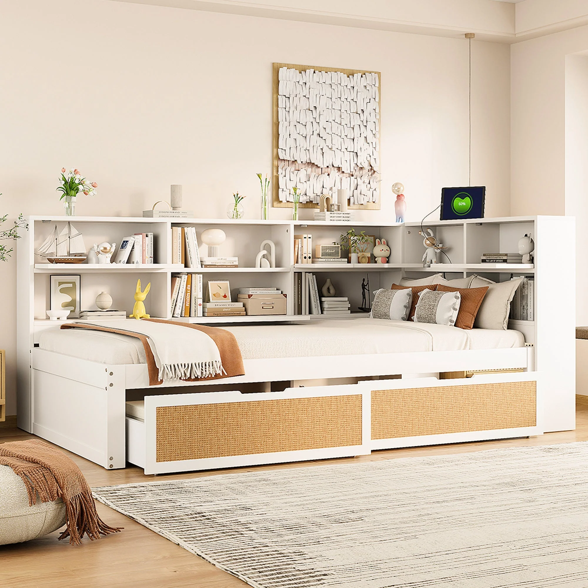 Sofa Bed, 90x200cm Multifunctional Single Bed with Drawer & Charging Port, White Solid Wood - Image 4