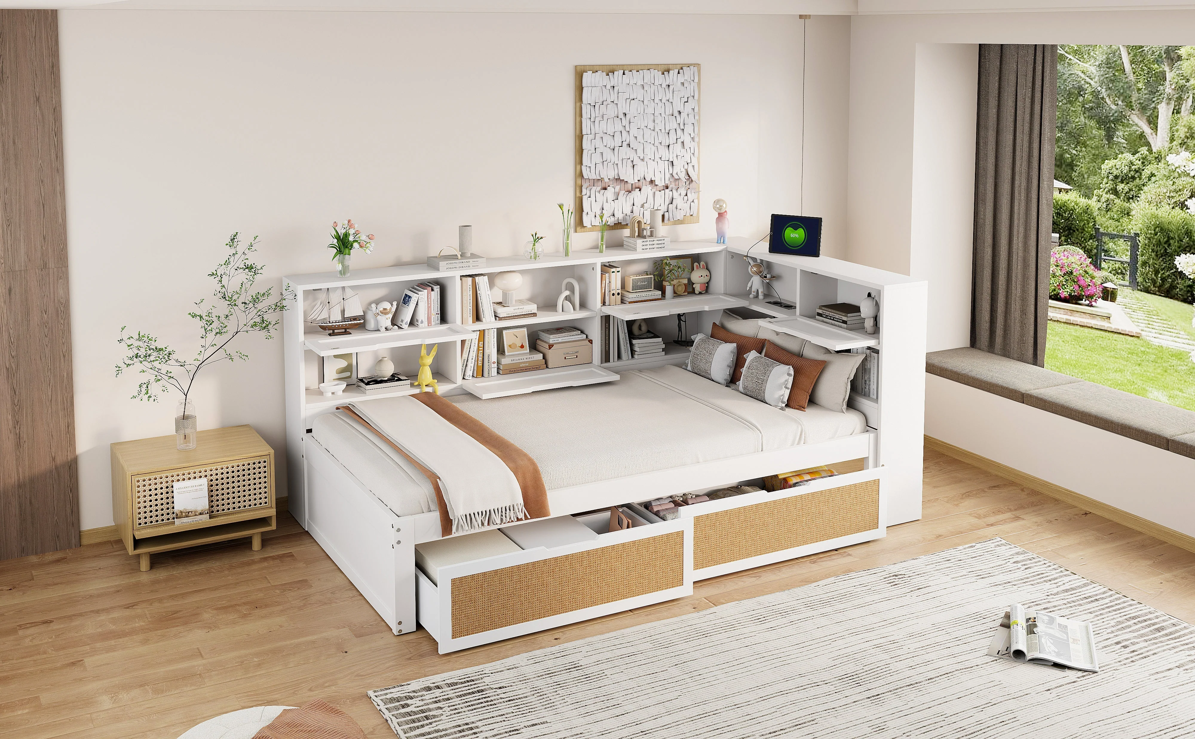 Sofa Bed, 90x200cm Multifunctional Single Bed with Drawer & Charging Port, White Solid Wood - Image 5