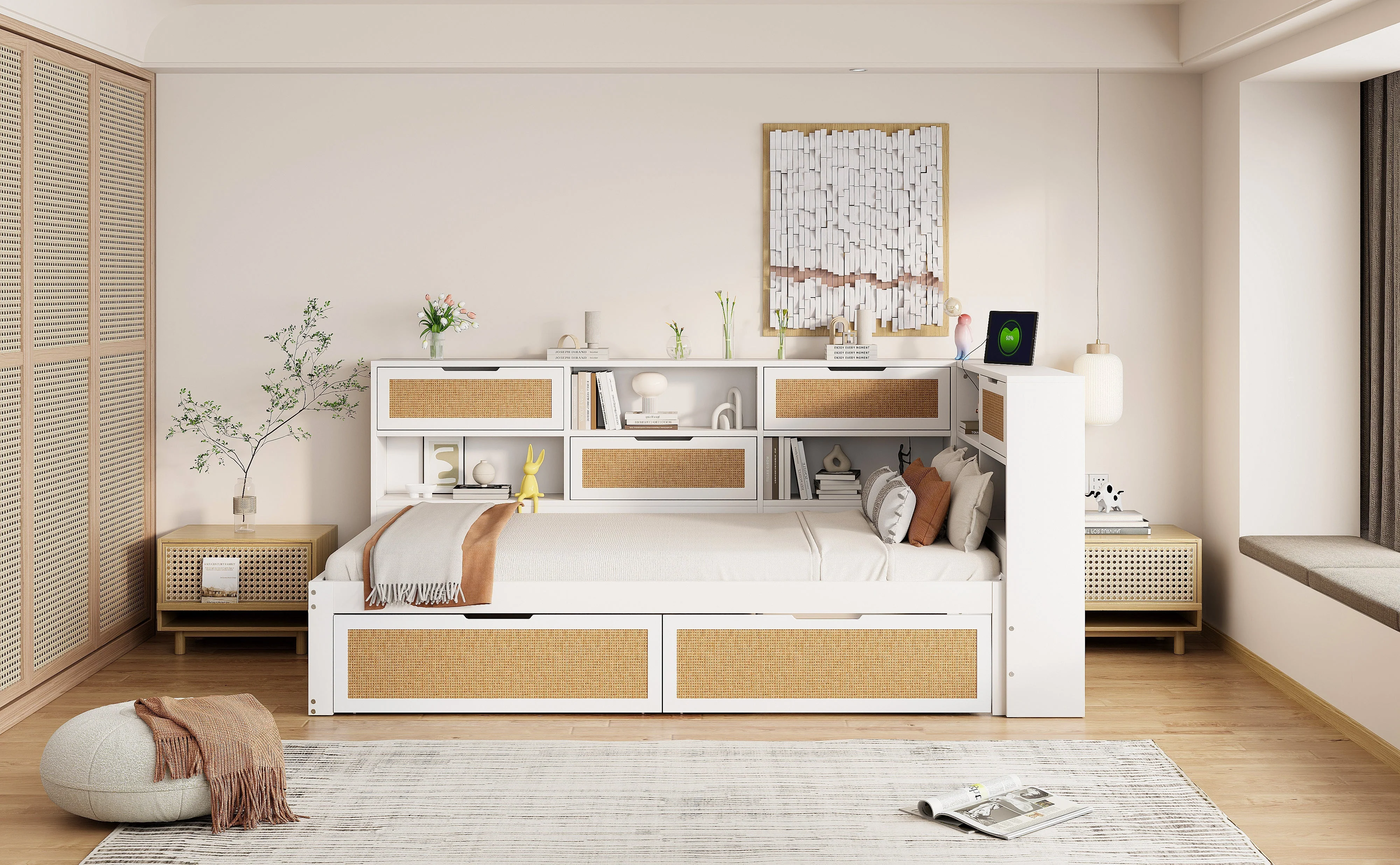Sofa Bed, 90x200cm Multifunctional Single Bed with Drawer & Charging Port, White Solid Wood - Image 6