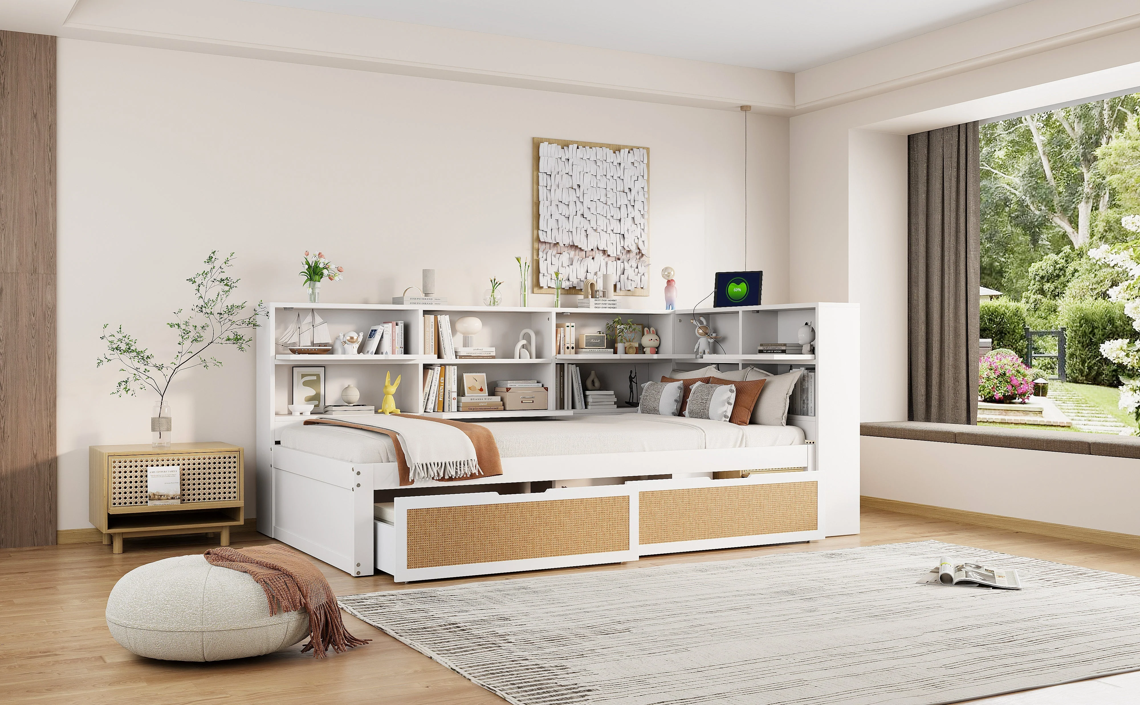 Sofa Bed, 90x200cm Multifunctional Single Bed with Drawer & Charging Port, White Solid Wood - Image 7