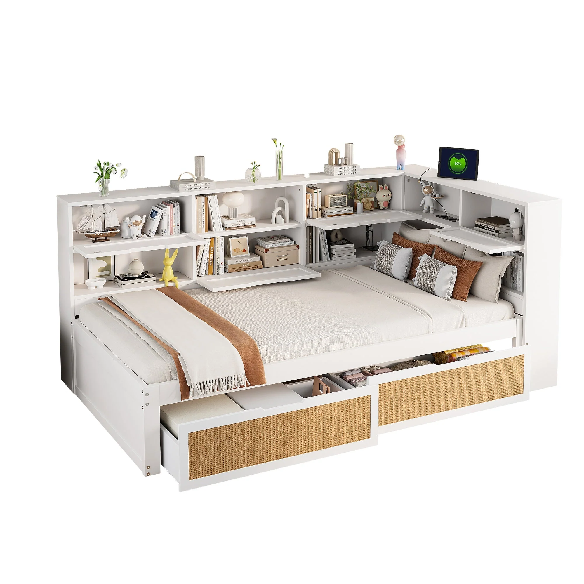 Sofa Bed, 90x200cm Multifunctional Single Bed with Drawer & Charging Port, White Solid Wood - Image 8