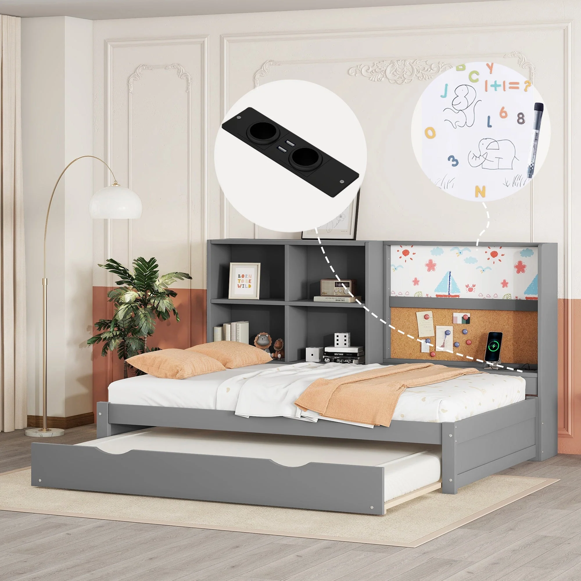 Sofa Bed 90x200cm Pull-out Bed USB Charging Drawing Board Storage - Grey