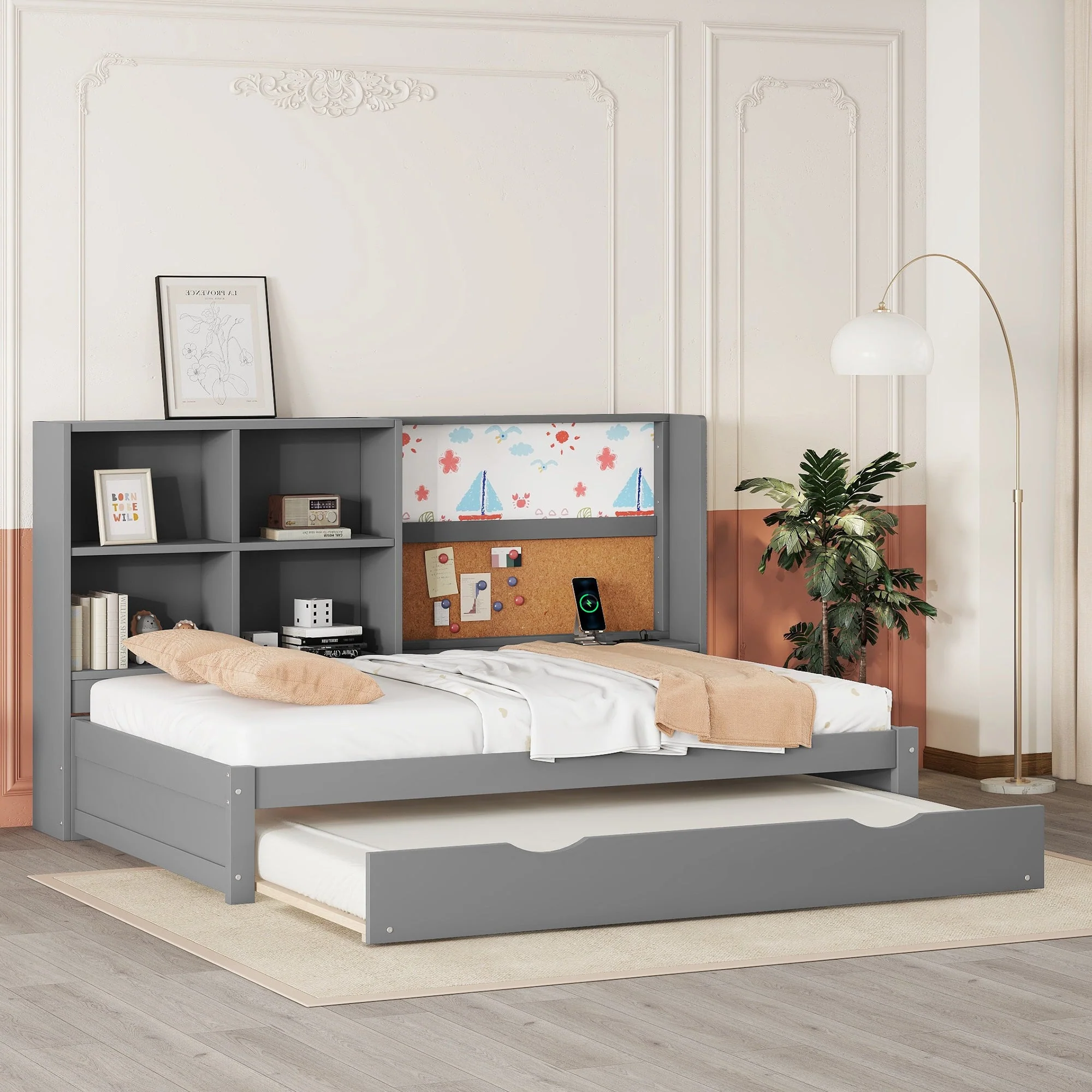 Sofa Bed 90x200cm Pull-out Bed USB Charging Drawing Board Storage - Grey - Image 2