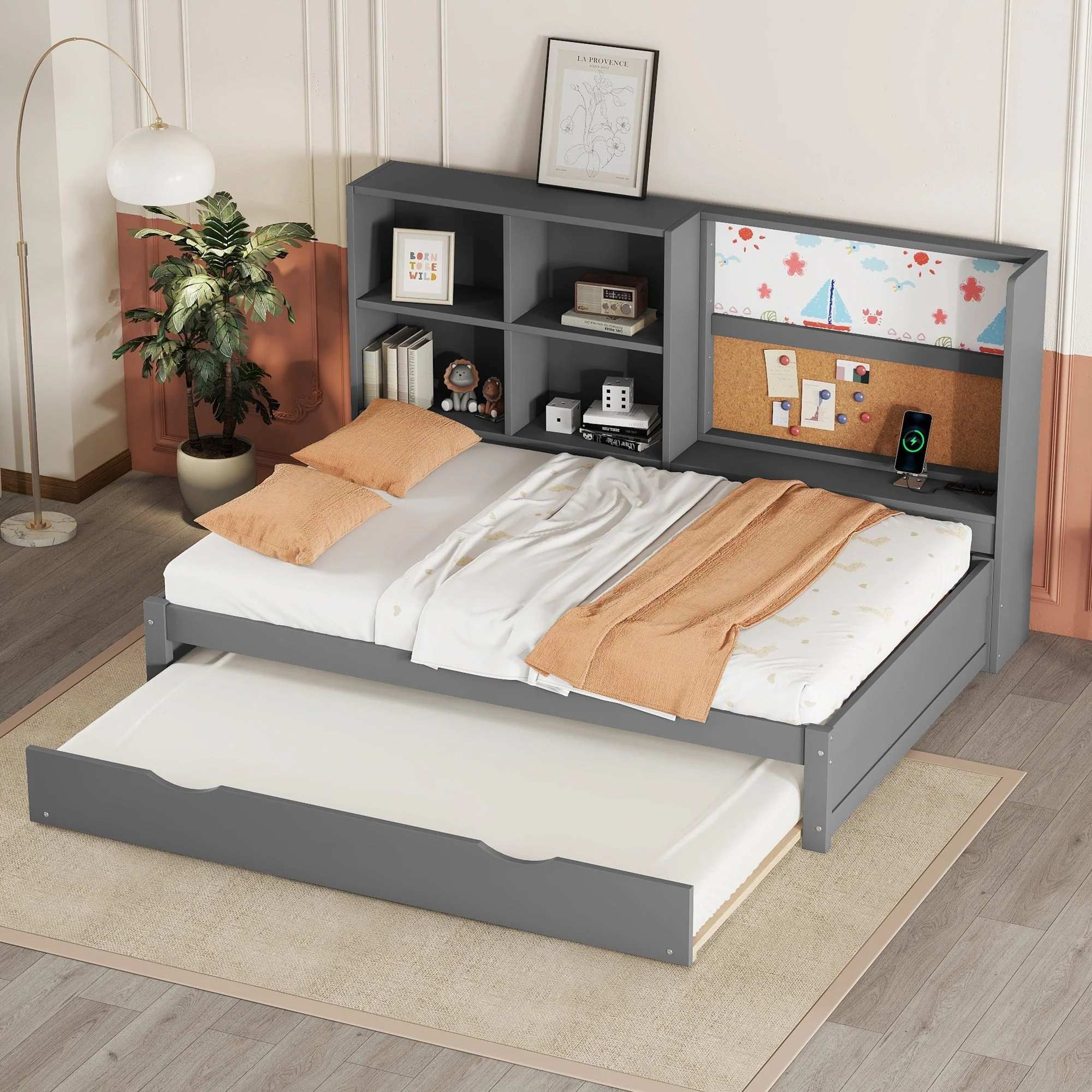 Sofa Bed 90x200cm Pull-out Bed USB Charging Drawing Board Storage - Grey - Image 3