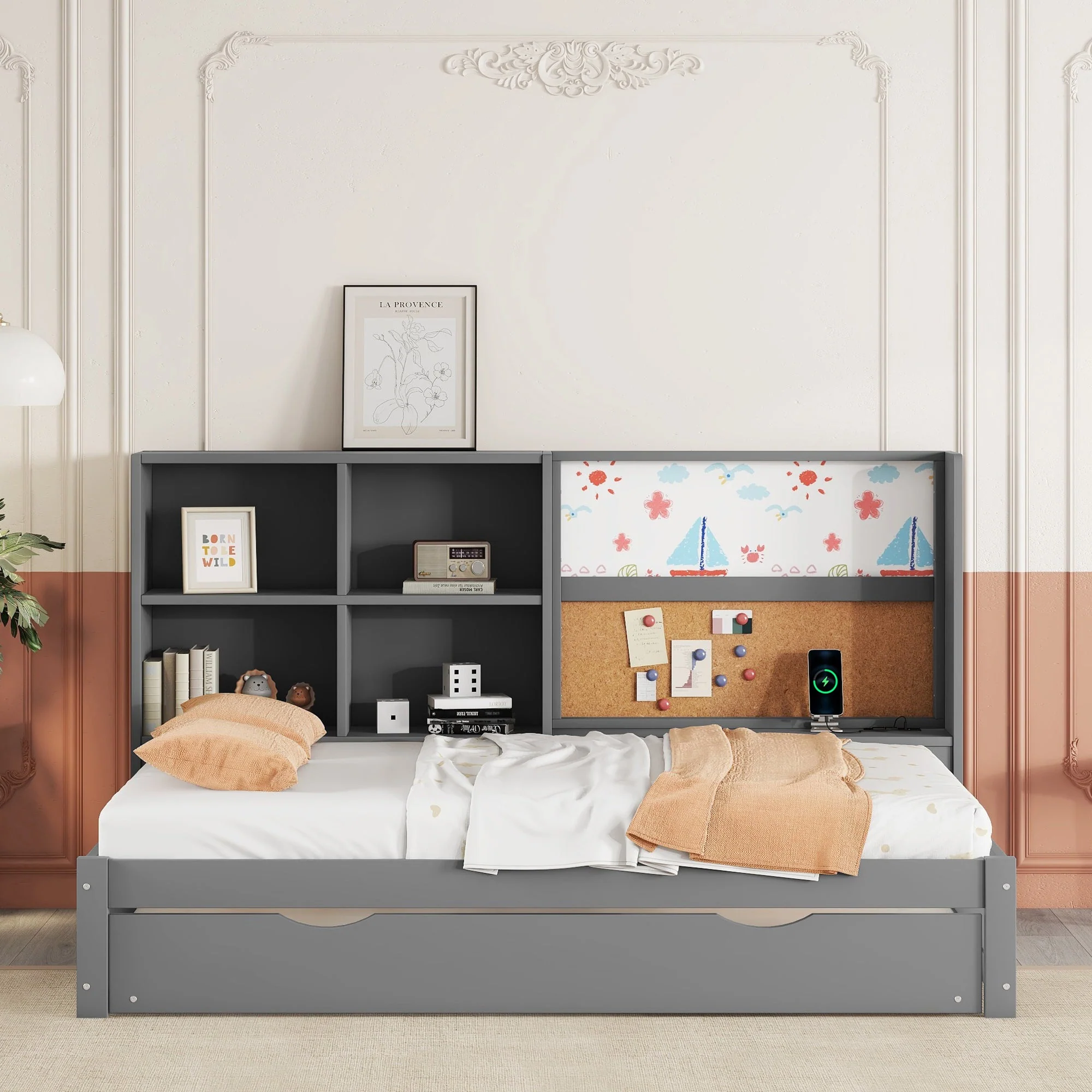 Sofa Bed 90x200cm Pull-out Bed USB Charging Drawing Board Storage - Grey - Image 4