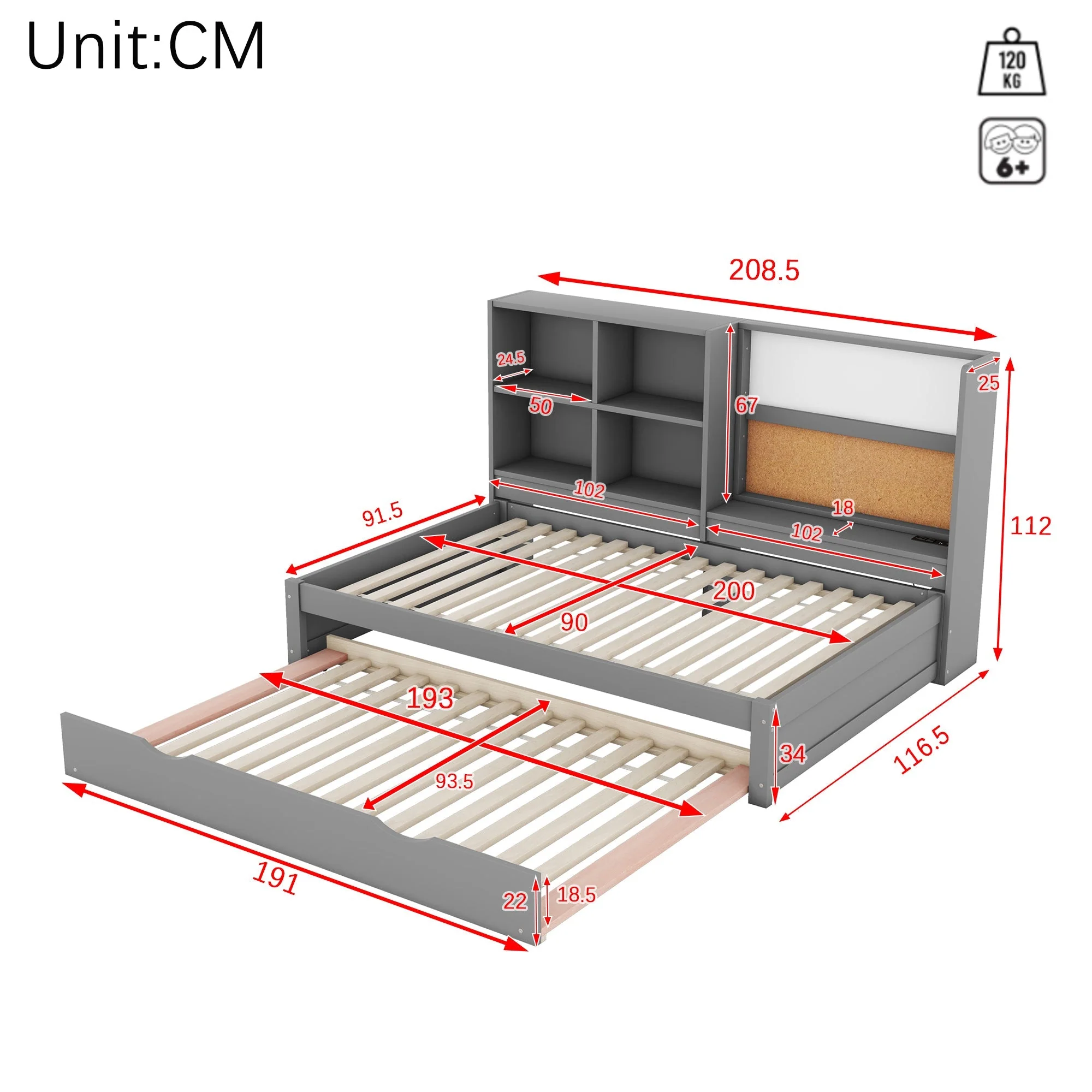 Sofa Bed 90x200cm Pull-out Bed USB Charging Drawing Board Storage - Grey - Image 5
