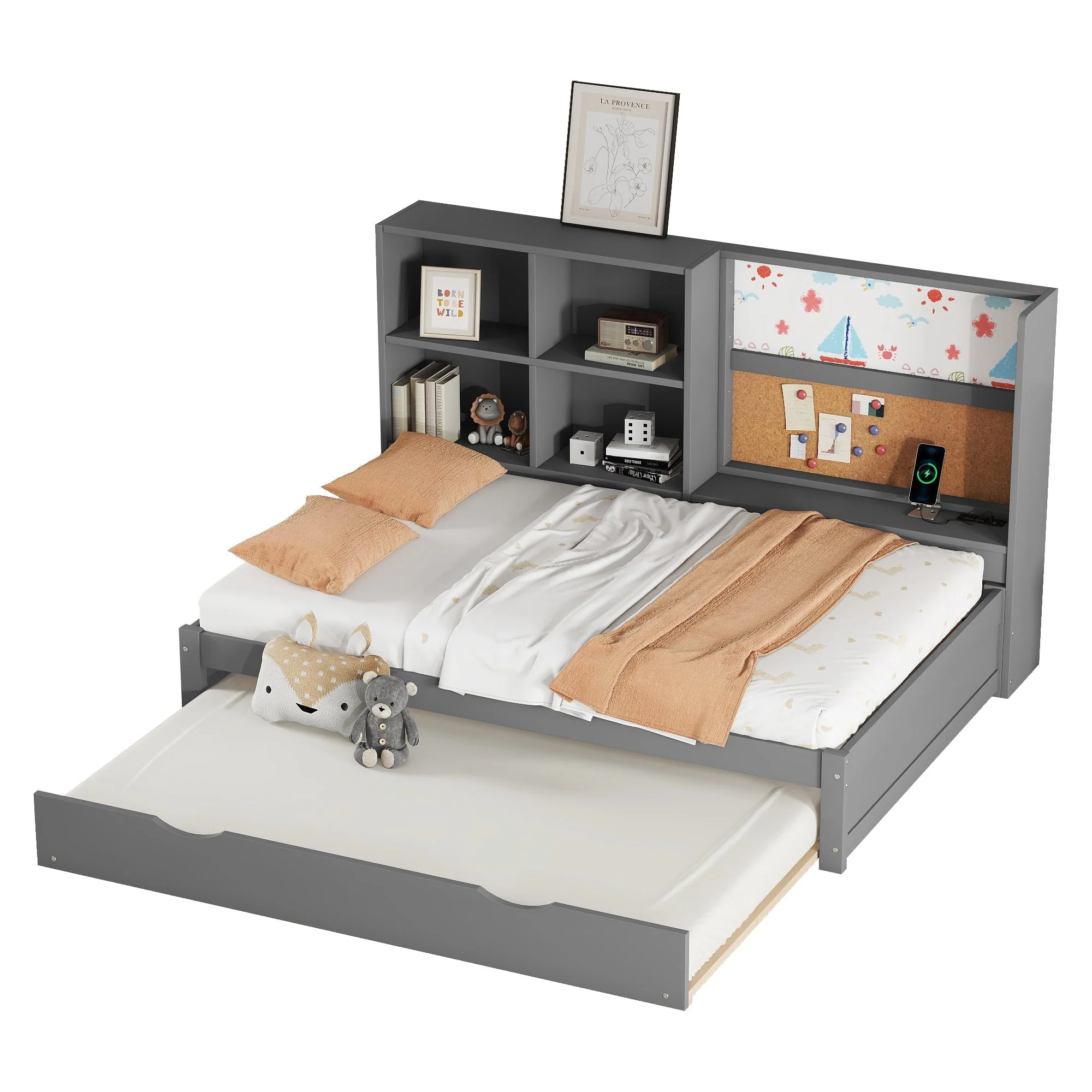 Sofa Bed 90x200cm Pull-out Bed USB Charging Drawing Board Storage - Grey - Image 6