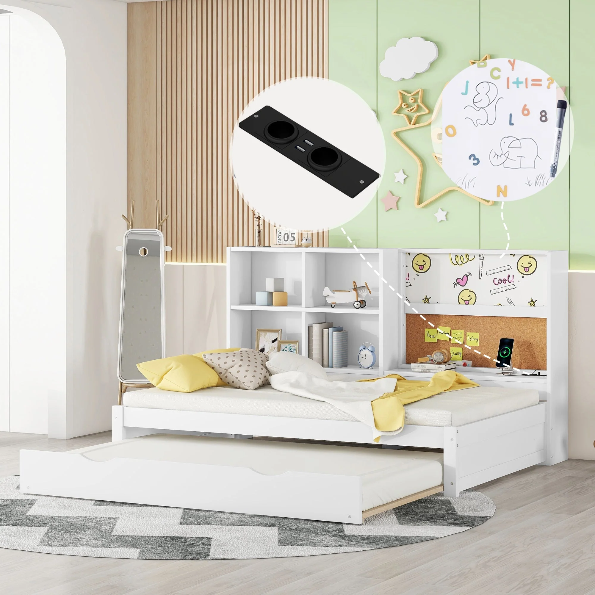 Sofa Bed 90x200cm Pull-out Bed USB Charging Drawing Board Storage - White