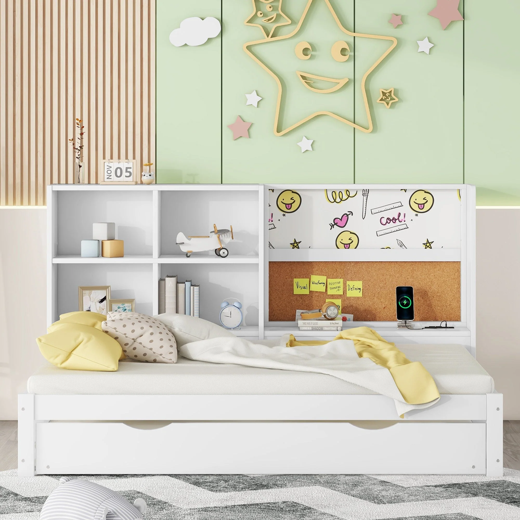 Sofa Bed 90x200cm Pull-out Bed USB Charging Drawing Board Storage - White - Image 2