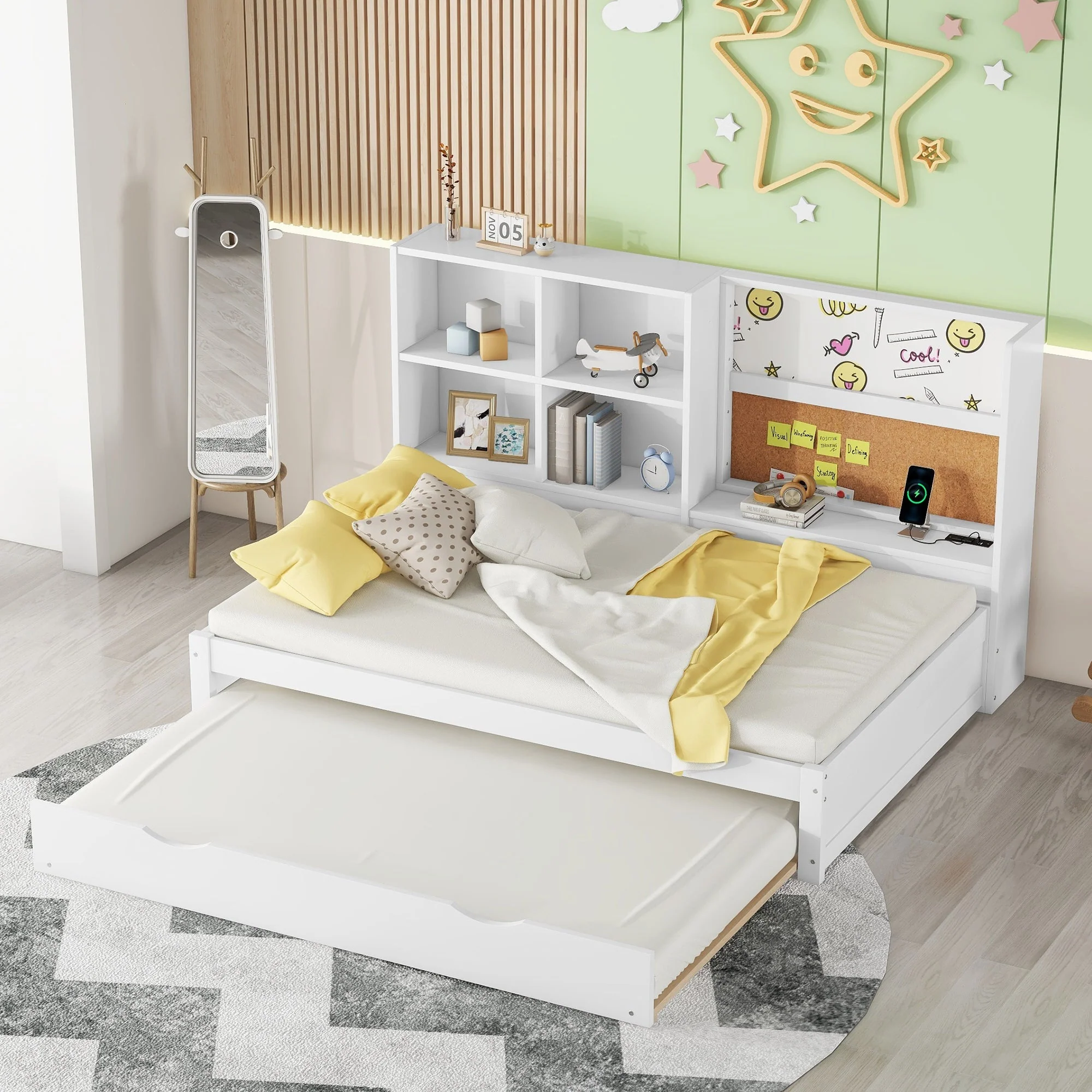 Sofa Bed 90x200cm Pull-out Bed USB Charging Drawing Board Storage - White - Image 3