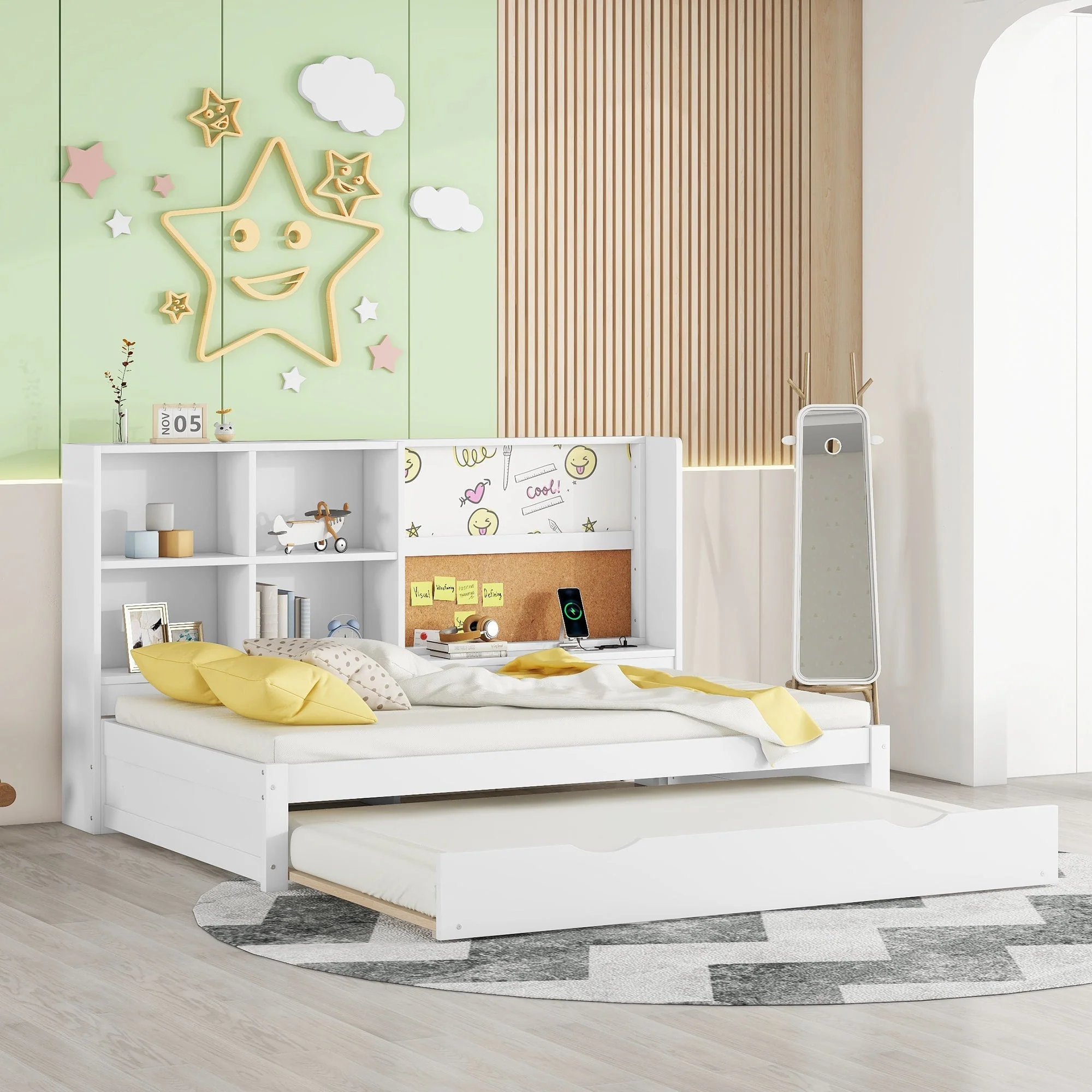 Sofa Bed 90x200cm Pull-out Bed USB Charging Drawing Board Storage - White - Image 4