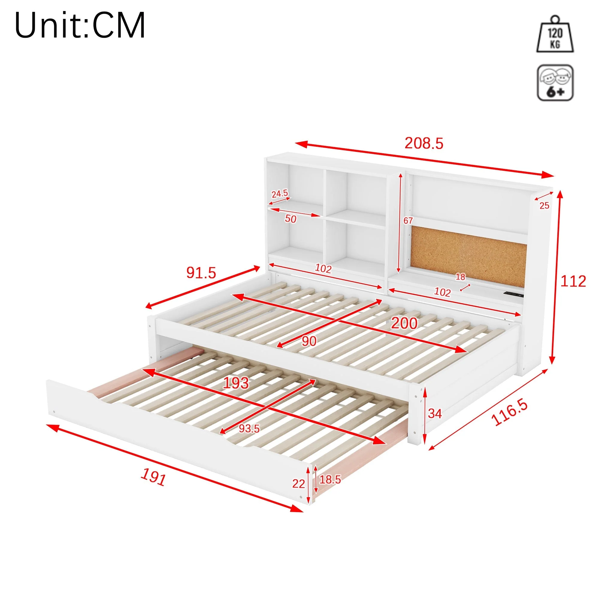 Sofa Bed 90x200cm Pull-out Bed USB Charging Drawing Board Storage - White - Image 5
