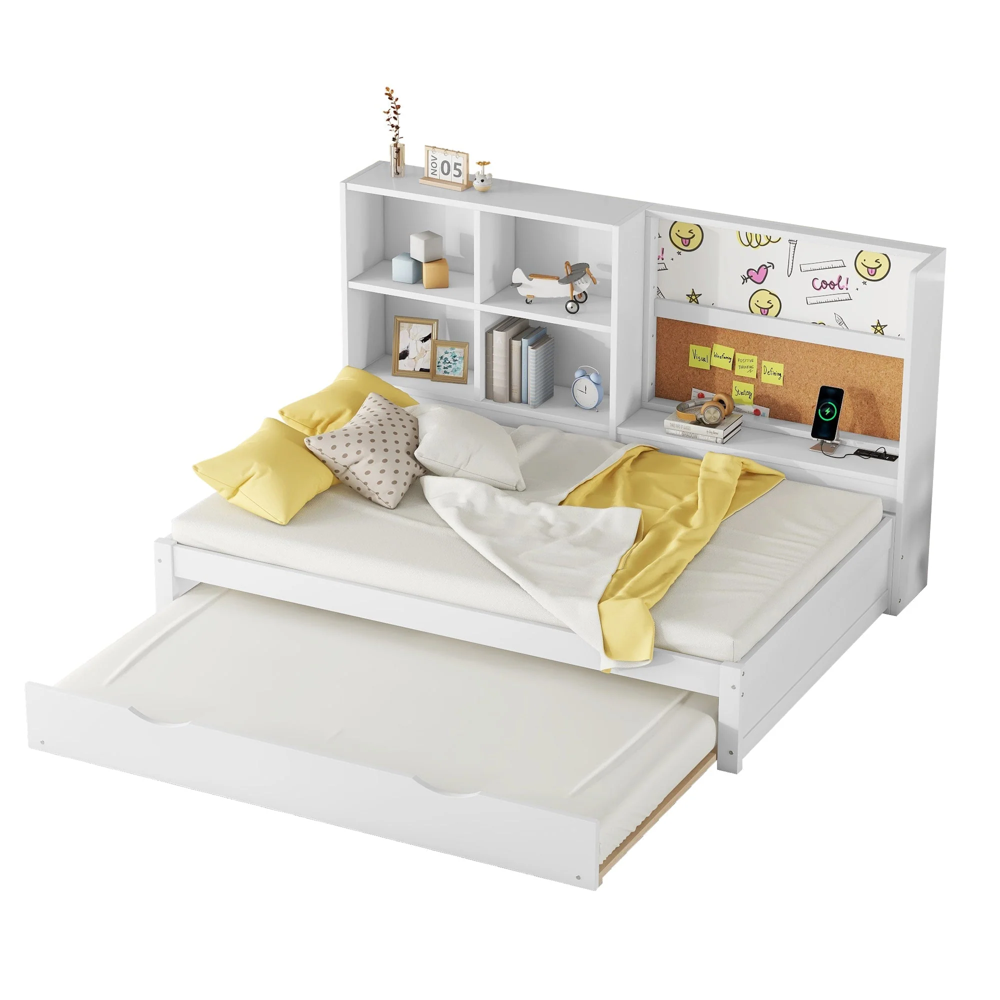 Sofa Bed 90x200cm Pull-out Bed USB Charging Drawing Board Storage - White - Image 6