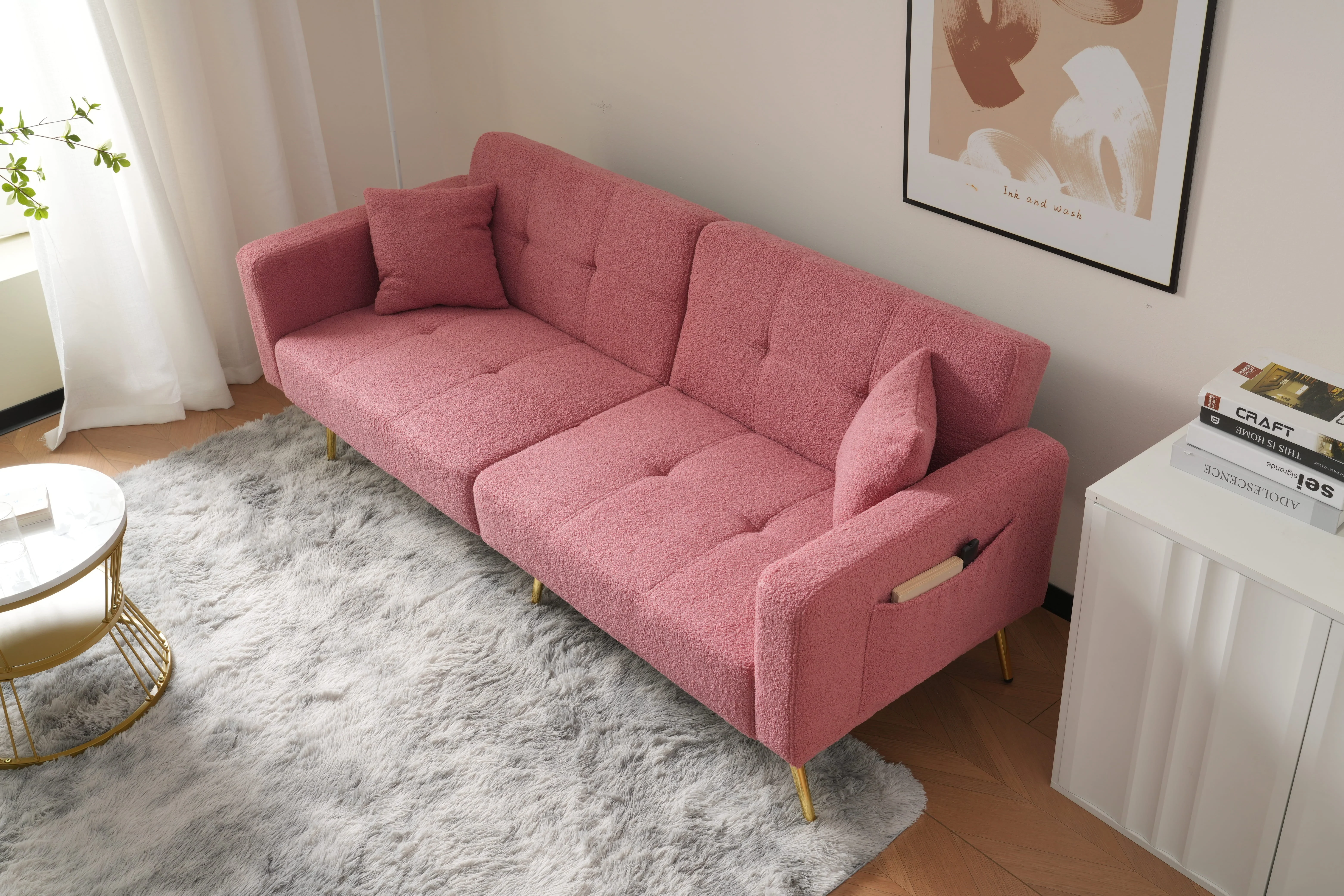Sofa Bed Adjustable Angle Cushions Storage Pockets Gold Metal Legs - Image 6