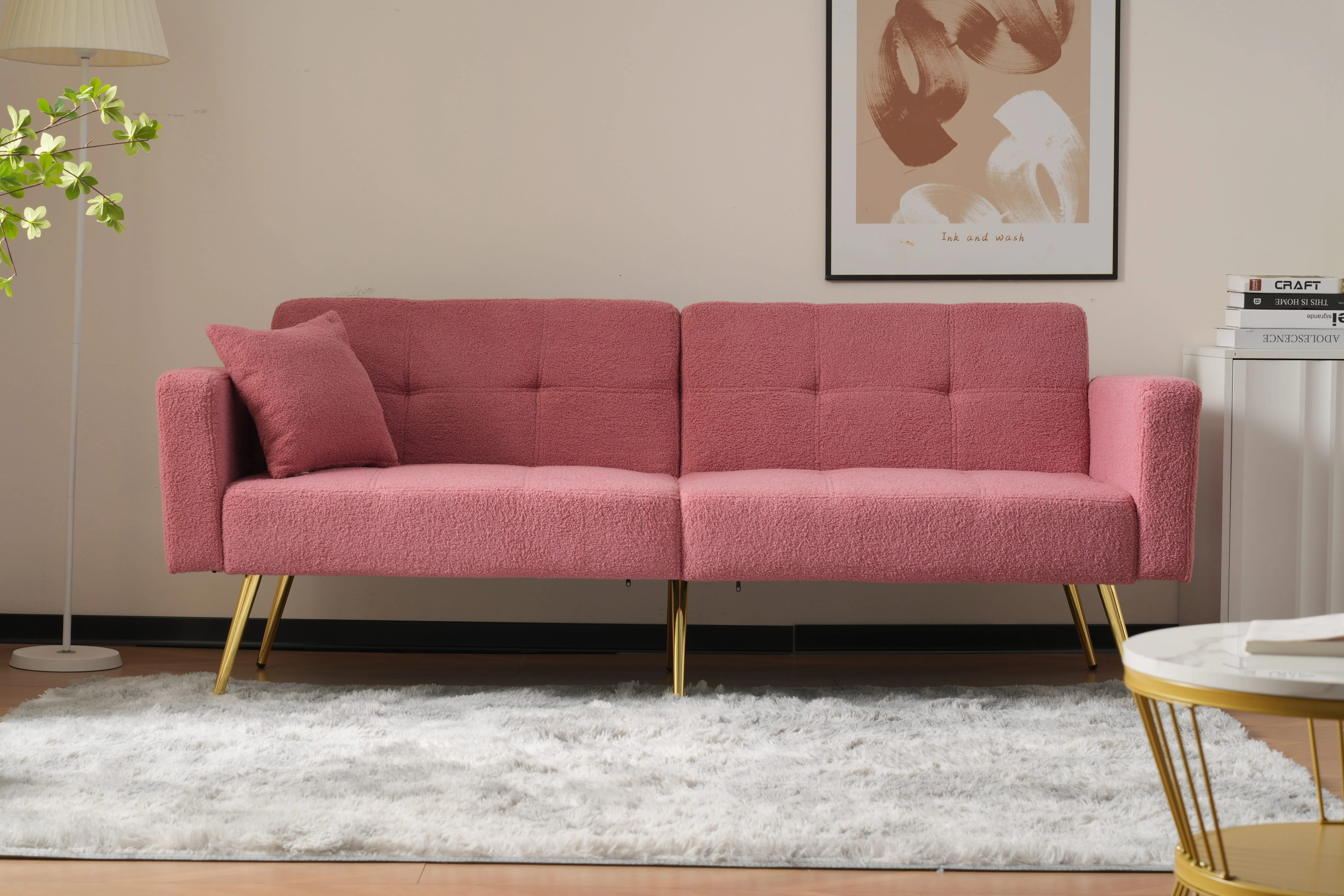Sofa Bed Adjustable Angle Cushions Storage Pockets Gold Metal Legs - Image 7
