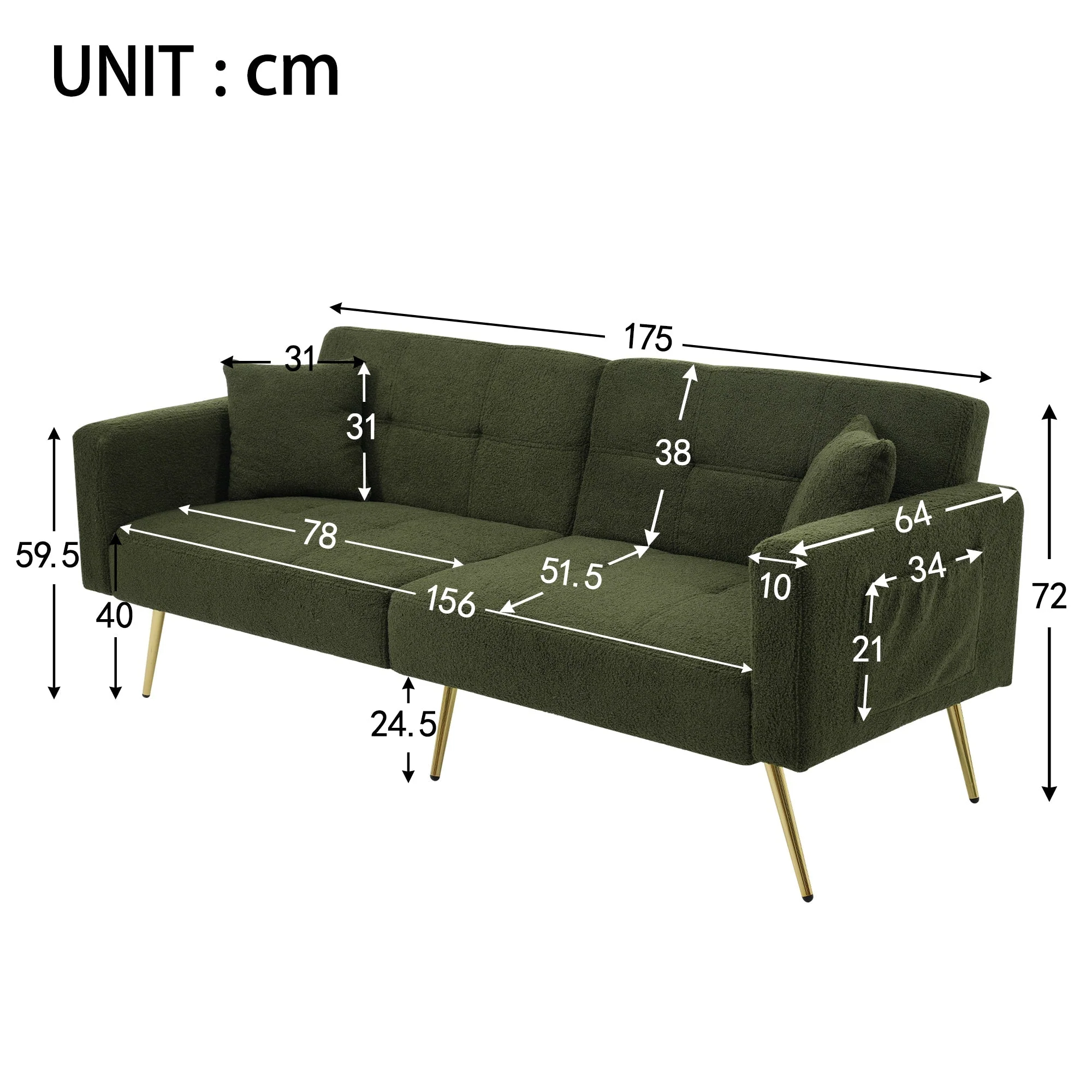 Sofa Bed Adjustable Angle, Gold Legs, Storage Pockets and Cushions - Image 4