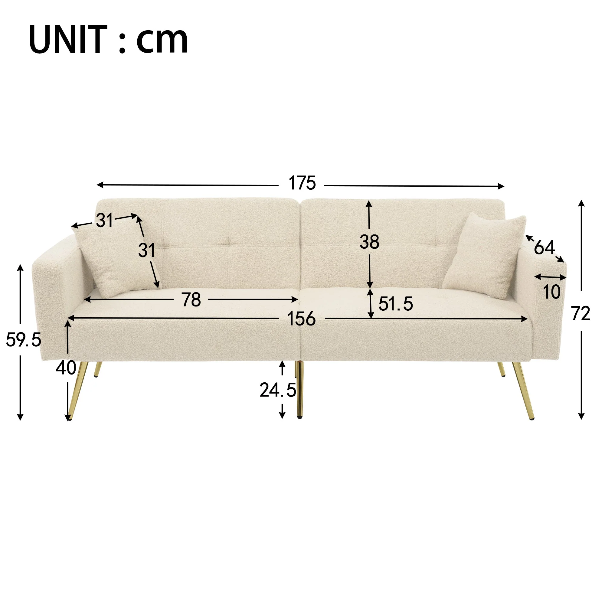 Sofa Bed Adjustable Angle Gold Legs with Cushions & Storage Pockets - Image 5