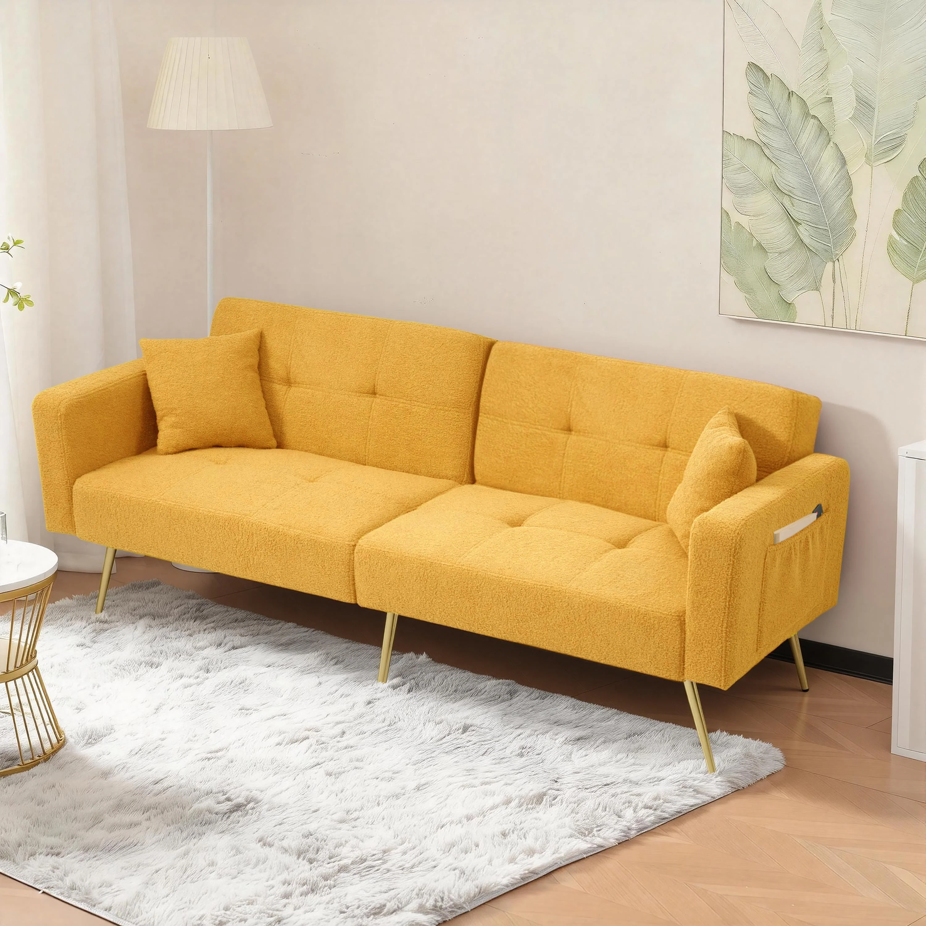 Sofa Bed Adjustable Angle Storage Side Pockets Gold Legs