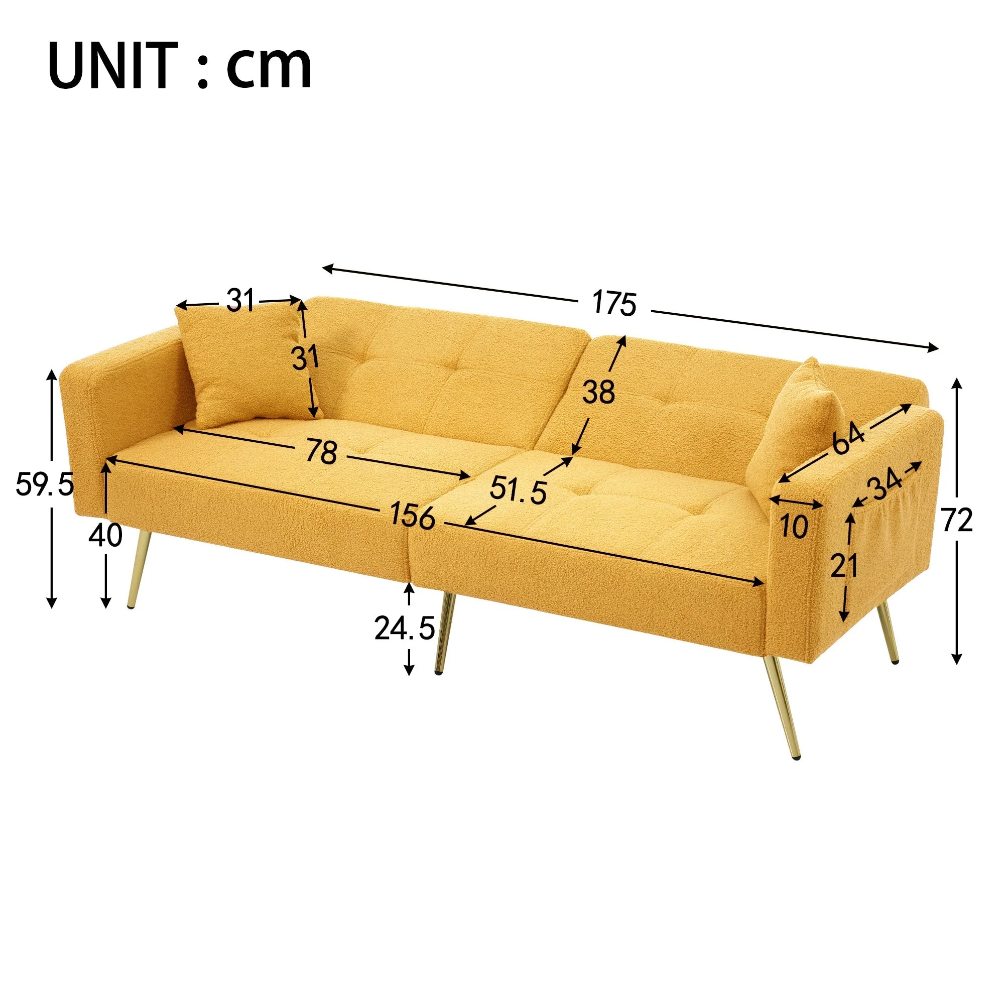 Sofa Bed Adjustable Angle Storage Side Pockets Gold Legs - Image 8