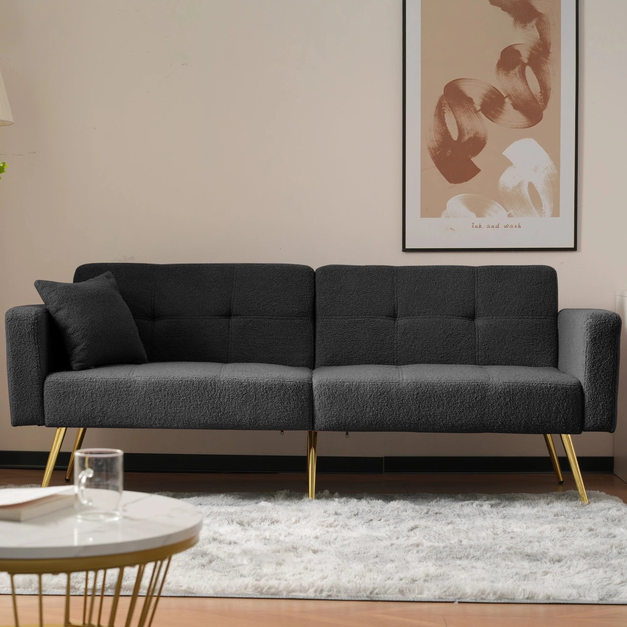 Sofa Bed, Adjustable Angle with Cushions & Storage Pockets, Golden Legs - Image 3