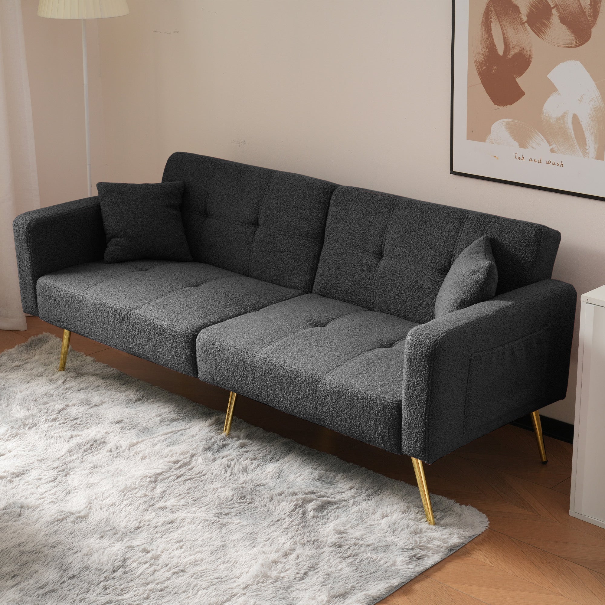 Sofa Bed, Adjustable Angle with Cushions & Storage Pockets, Golden Legs - Image 4