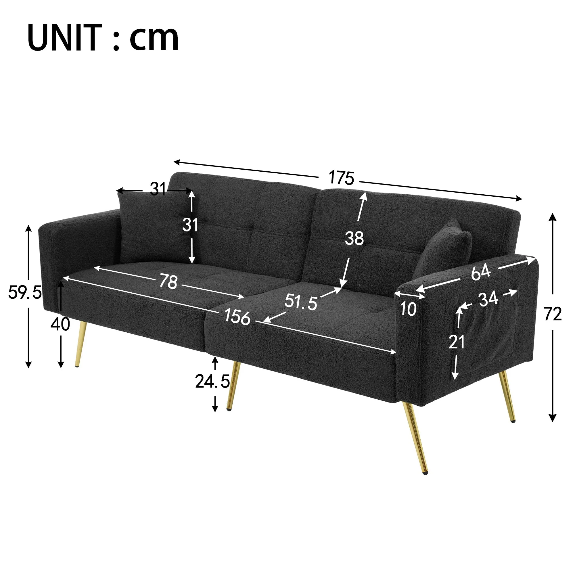 Sofa Bed, Adjustable Angle with Cushions & Storage Pockets, Golden Legs - Image 6