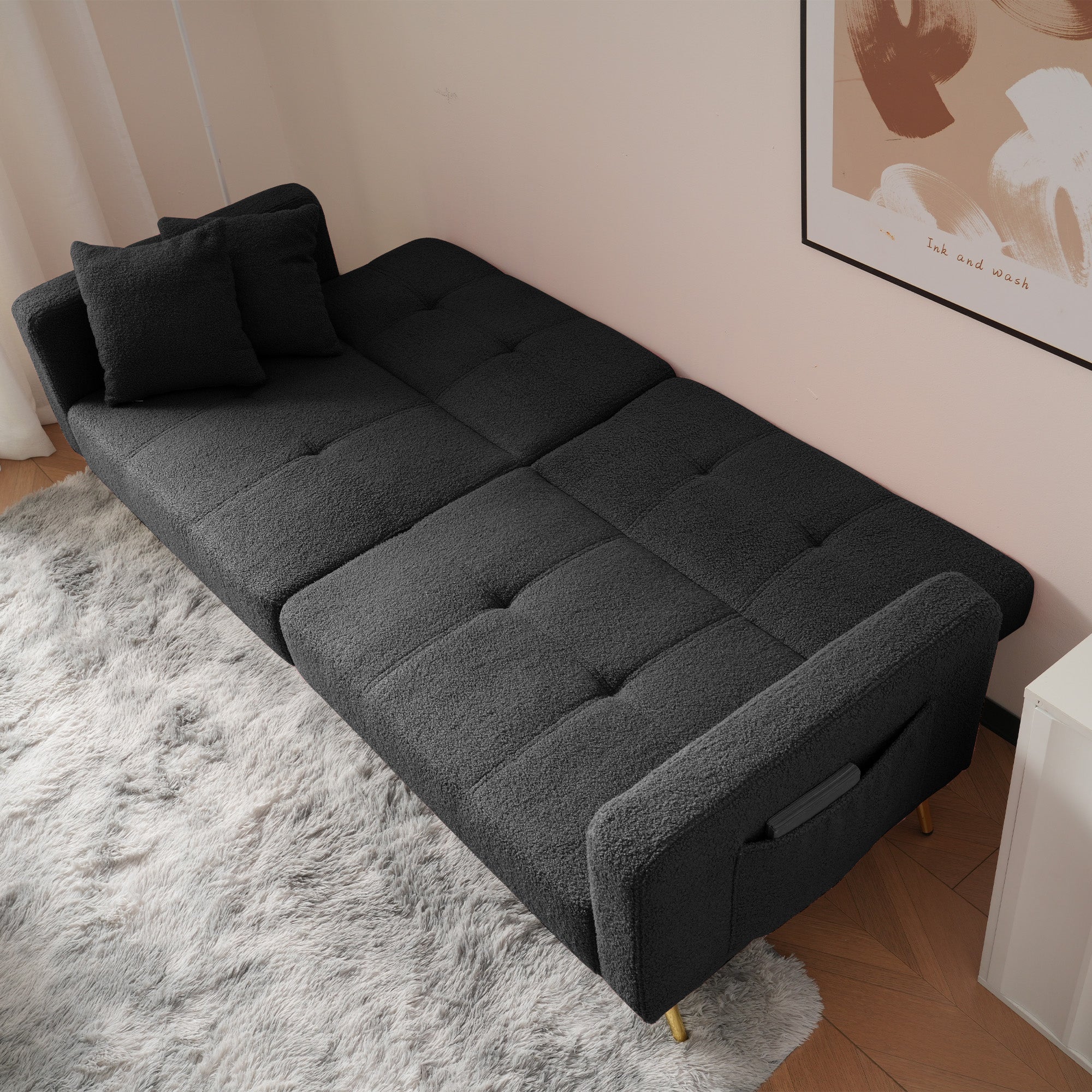 Sofa Bed, Adjustable Angle with Cushions & Storage Pockets, Golden Legs - Image 7