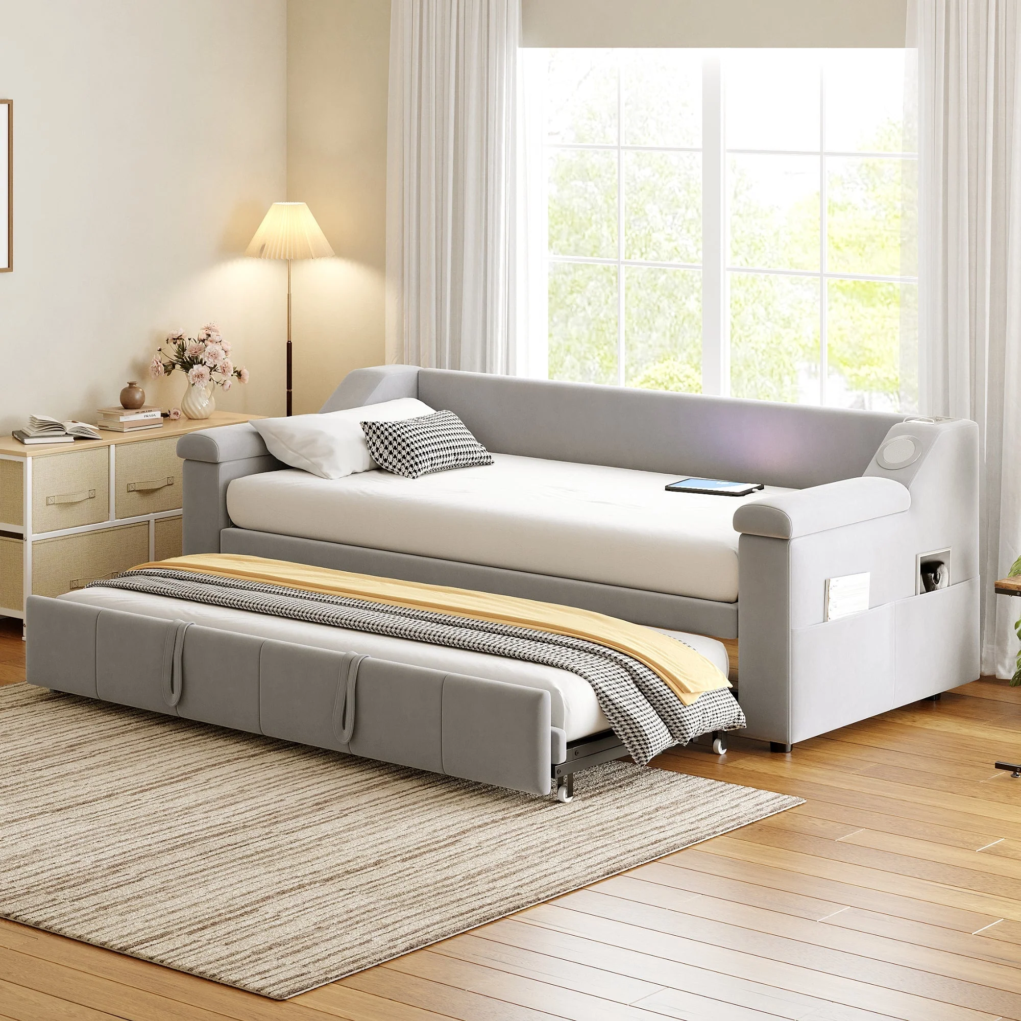 Sofa Bed, Bluetooth Stereo, Storage, Slatted Frame, Light Grey Velvet - Image 2