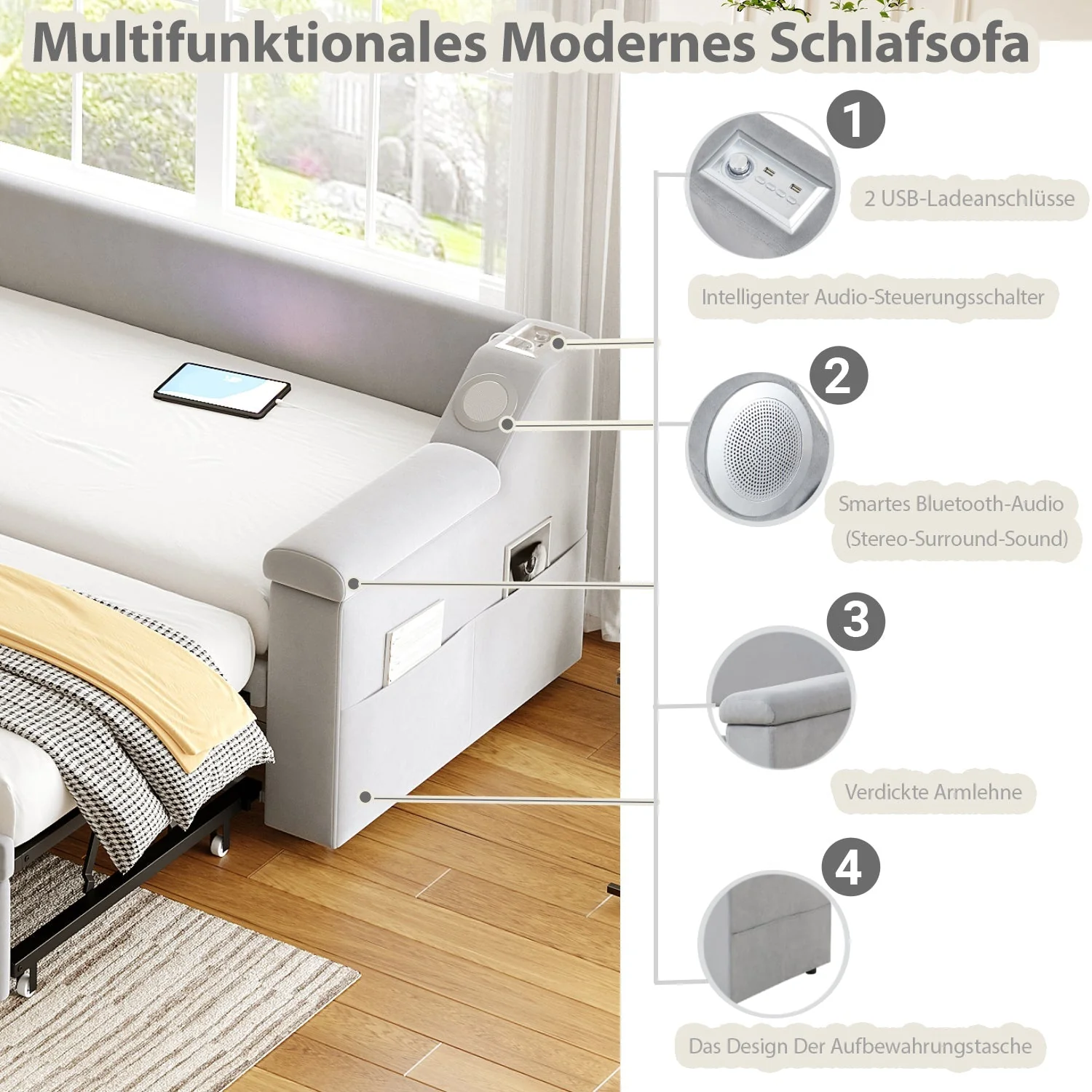 Sofa Bed, Bluetooth Stereo, Storage, Slatted Frame, Light Grey Velvet - Image 6