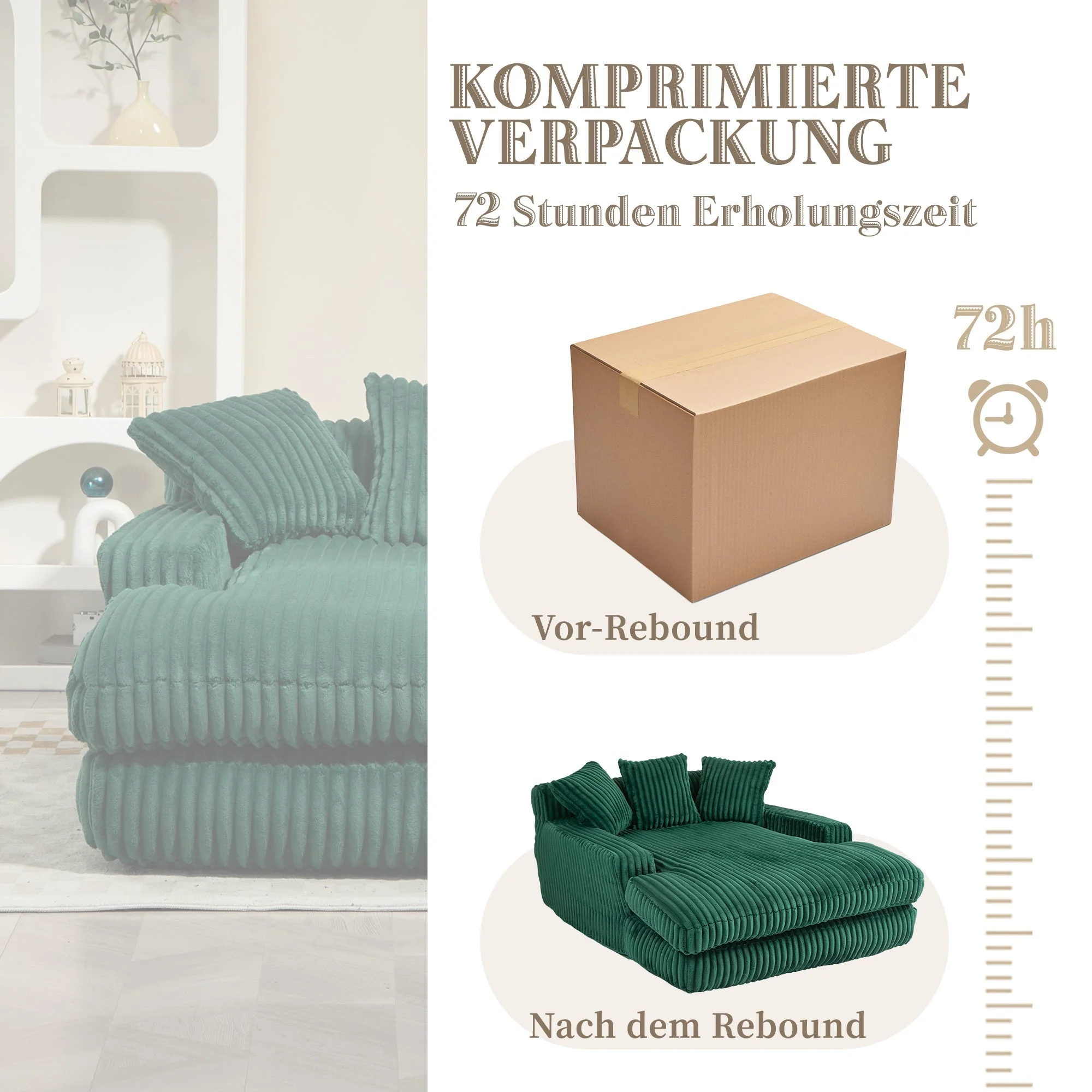 Sofa Bed, Cloud Couch with 3 Soft Pillows, Single Seat, Corduroy Emerald - Image 6