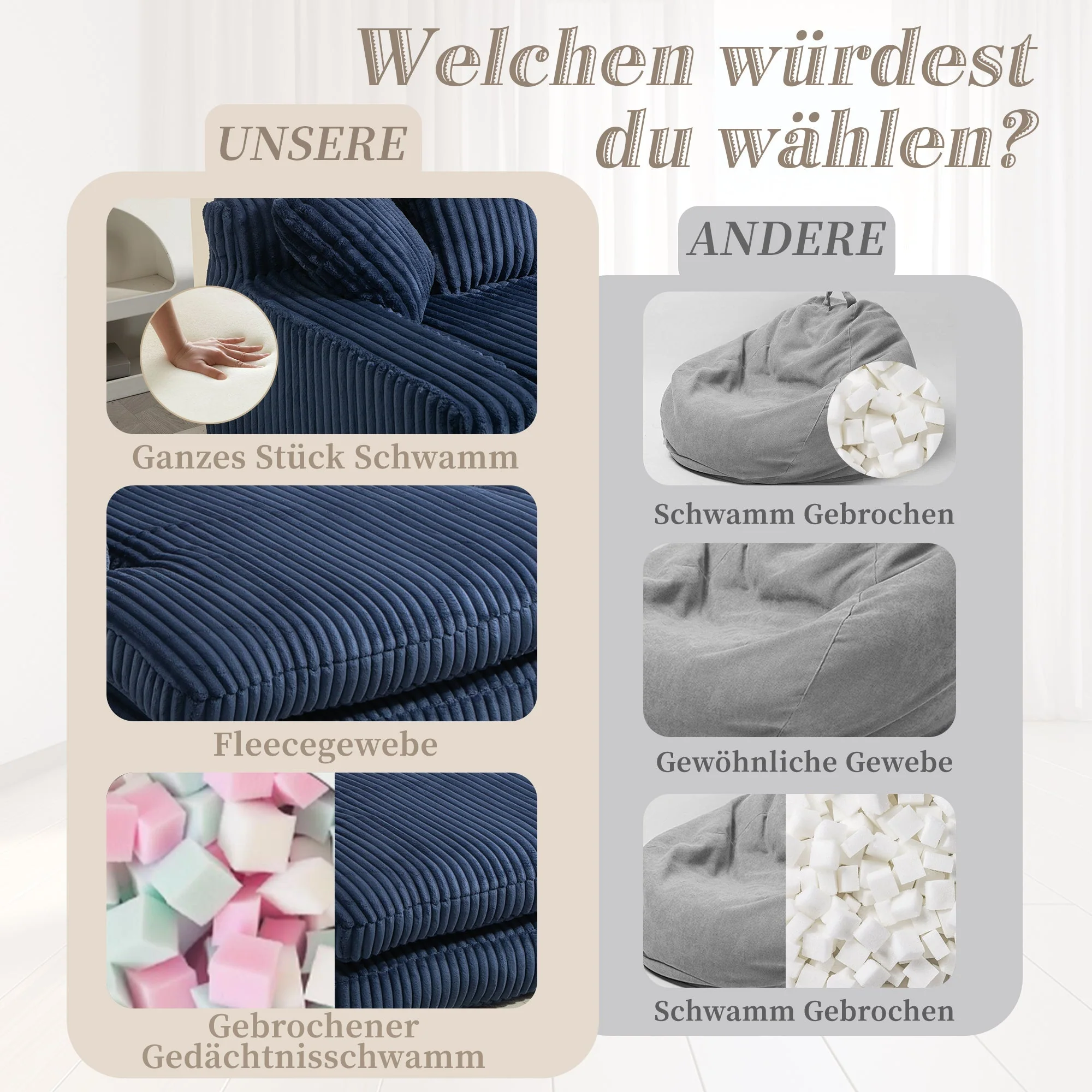 Sofa Bed, Cloud Couch with 3 Soft Pillows, Single Seat, Corduroy Navy Blue - Image 9