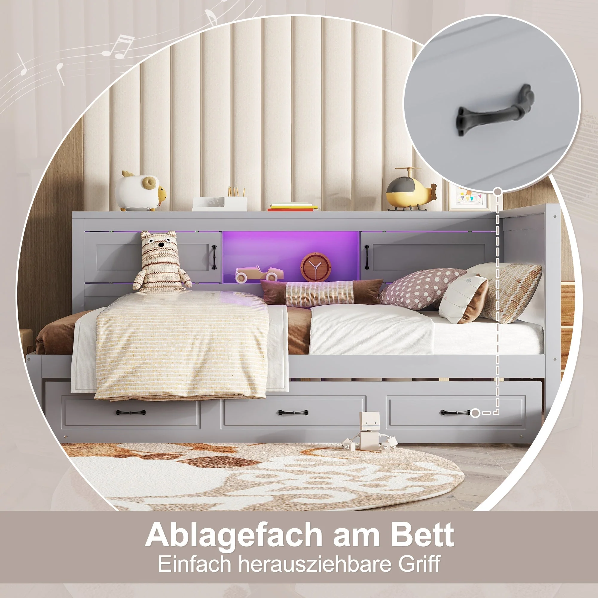 Sofa Bed Daybed 140x200cm Pull-out Bed LED Storage USB/Power Outlet - Grey - Image 2
