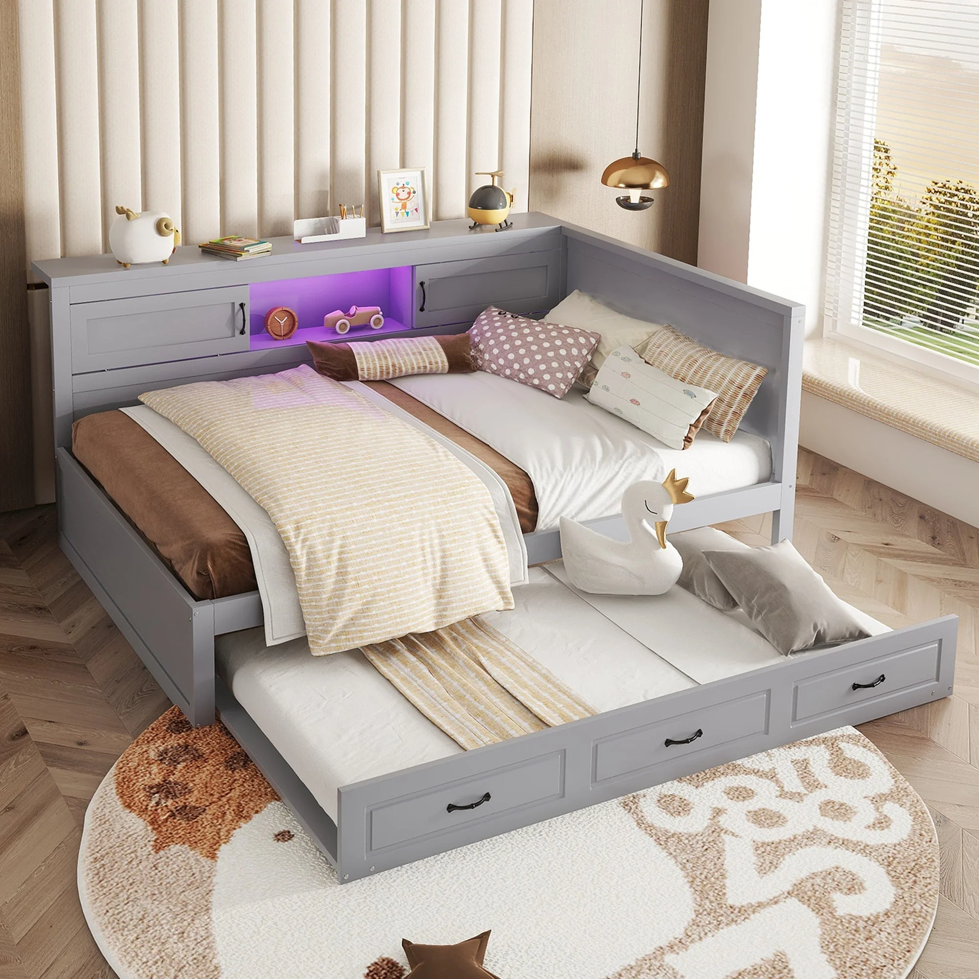 Sofa Bed Daybed 140x200cm Pull-out Bed LED Storage USB/Power Outlet - Grey - Image 5