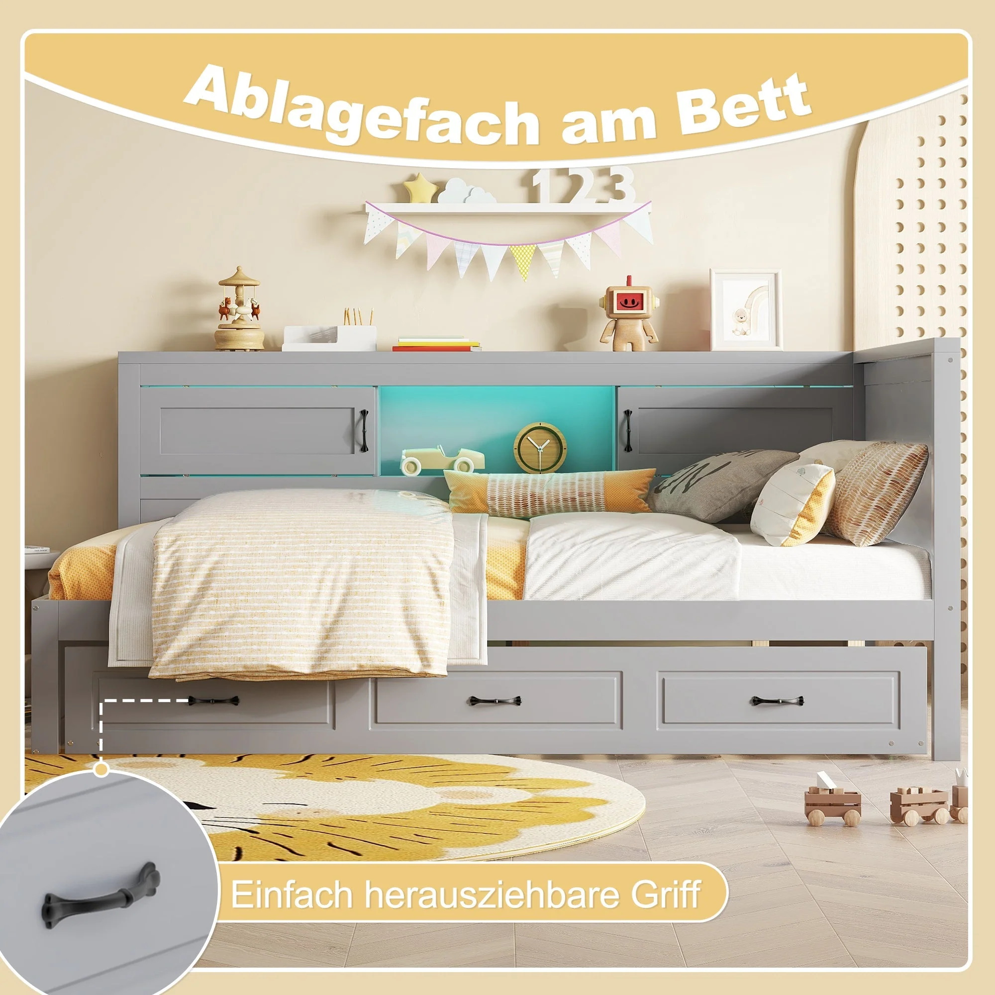 Sofa Bed Daybed 90x200cm Pull-out Bed LED Storage USB Outlet - Grey - Image 2