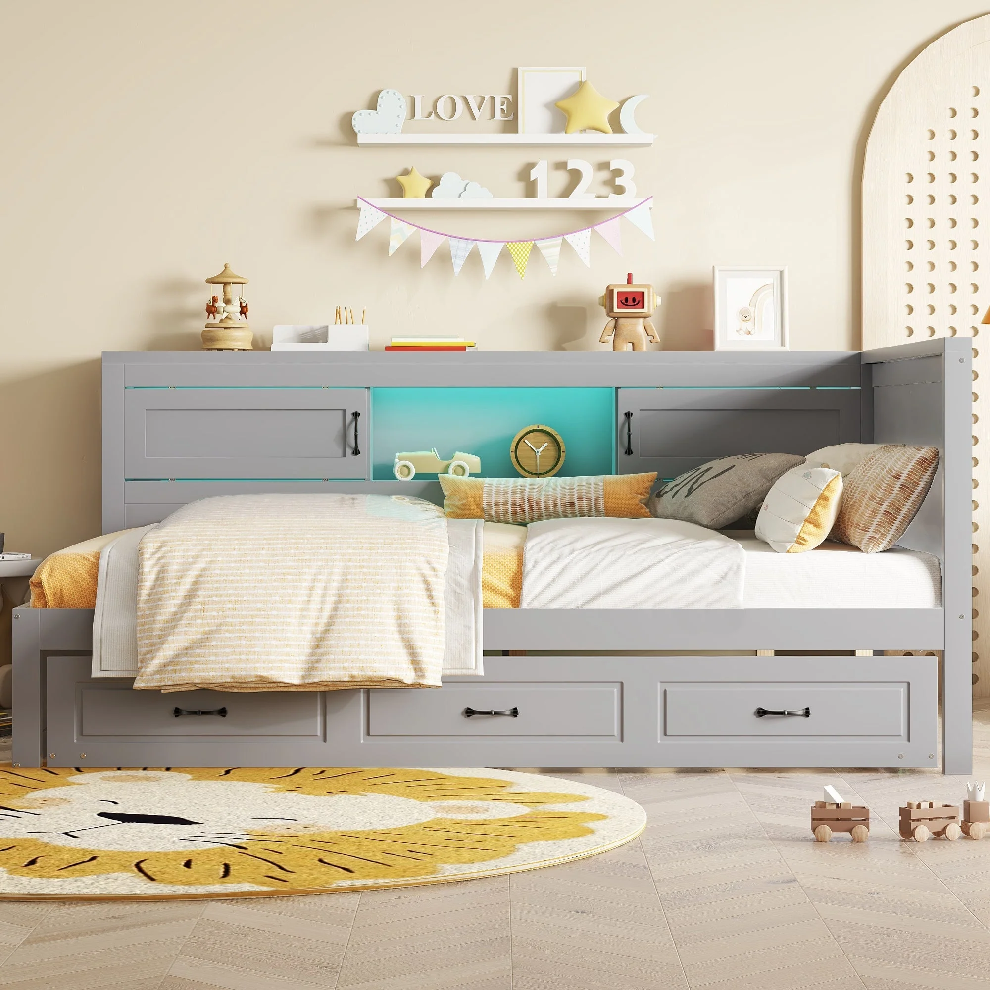Sofa Bed Daybed 90x200cm Pull-out Bed LED Storage USB Outlet - Grey - Image 5