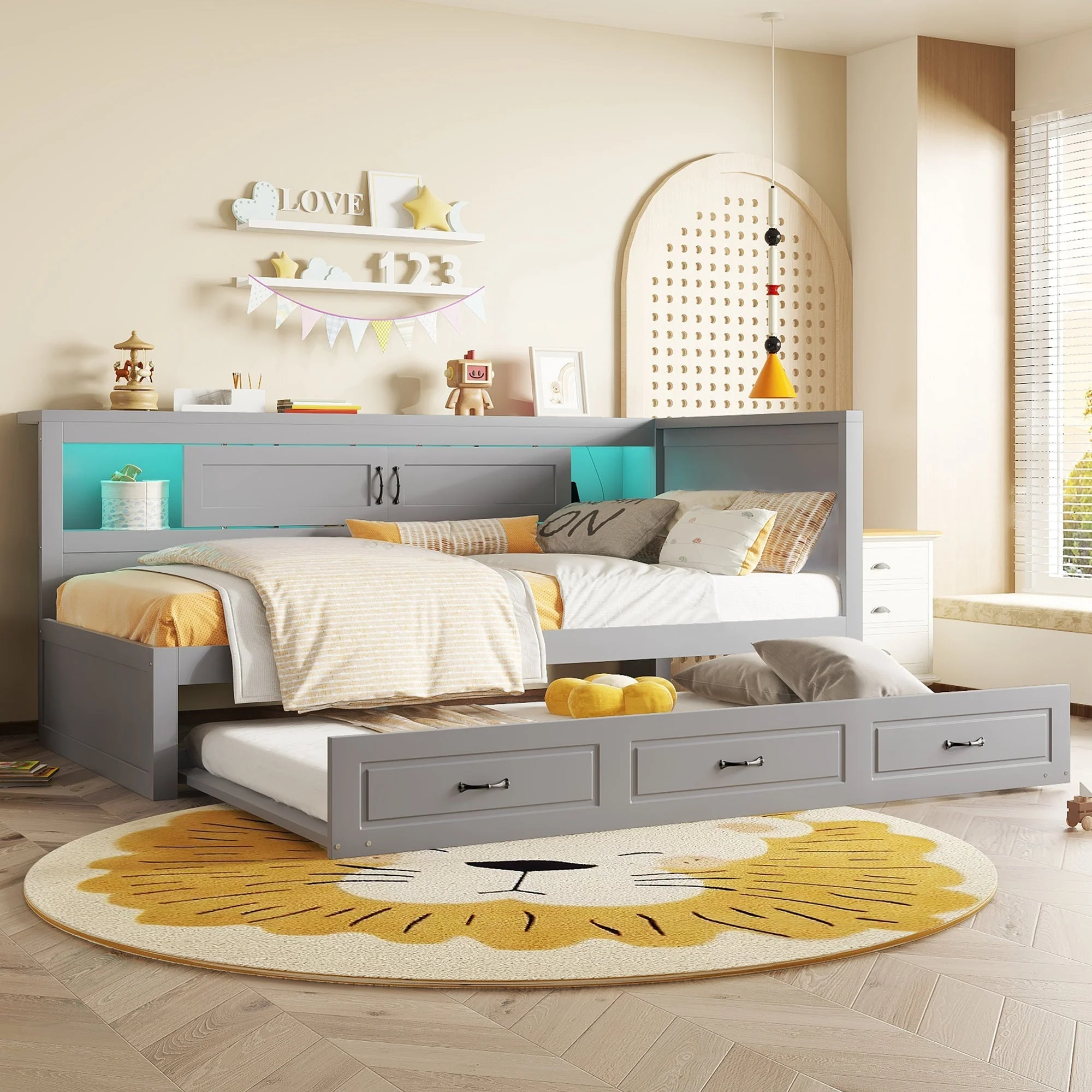 Sofa Bed Daybed 90x200cm Pull-out Bed LED Storage USB Outlet - Grey - Image 6