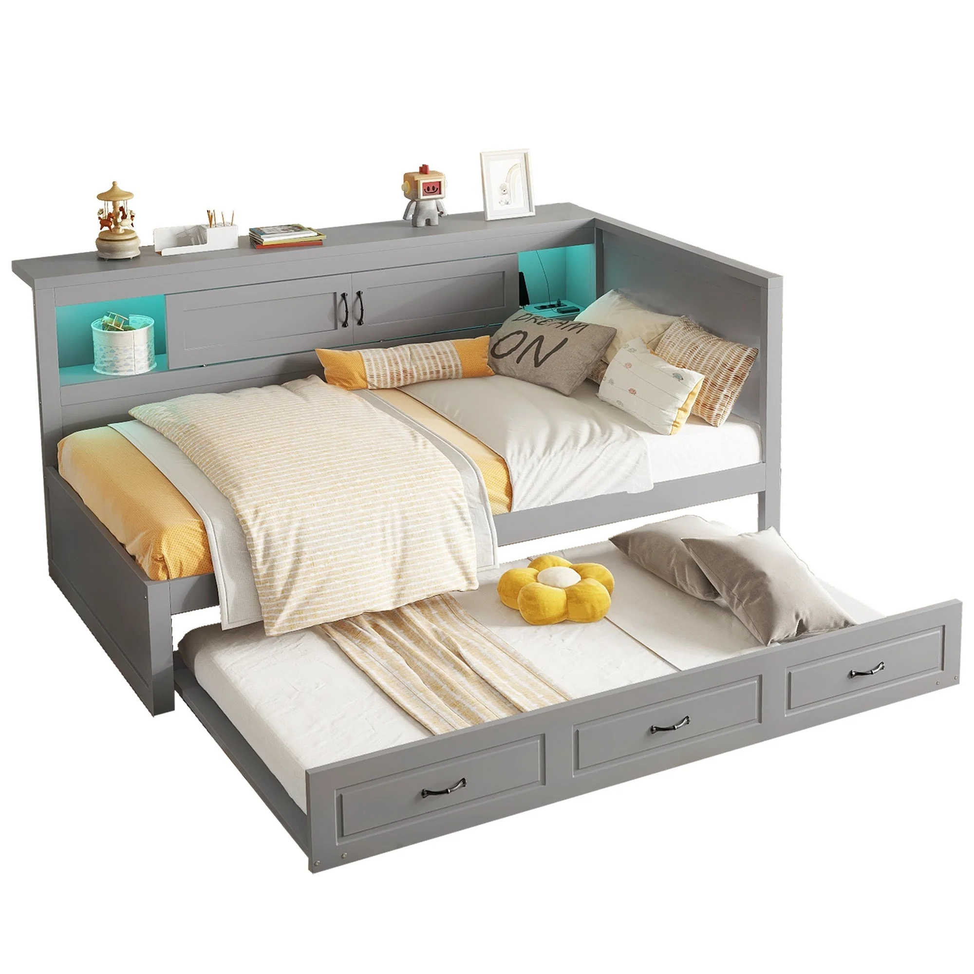 Sofa Bed Daybed 90x200cm Pull-out Bed LED Storage USB Outlet - Grey - Image 8